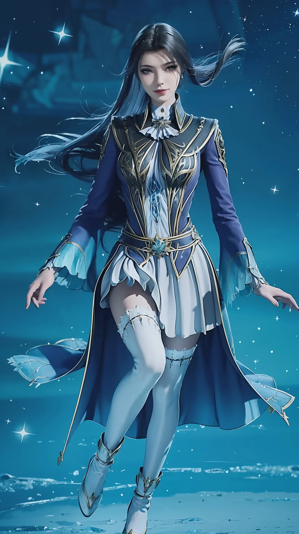 A girl lying on a bed under the starry sky,Exquisite smile,Beautiful and delicate eyes,Beautiful and delicate lips,Extremely detailed face and eyes,Long eyelashes,Full body,belly button,best quality,excellent work,((Full body view)),Cross-legged