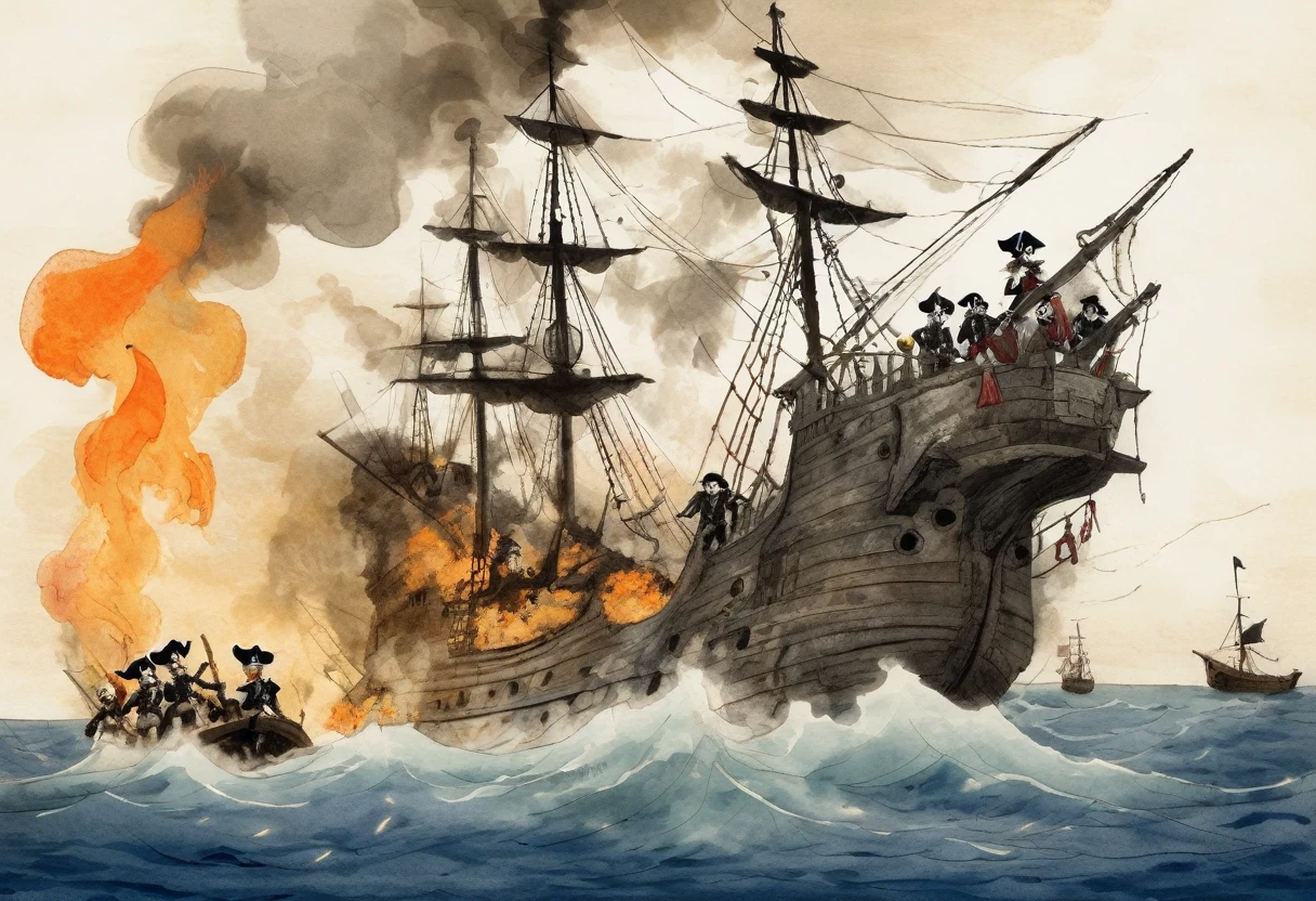 Gabriel Pacheco Style page, J_drawing, Pirates and Navy Battle、Sailors and pirates fight to the death on a burning ship、Collapsing Ship、cadaver、Close-up、