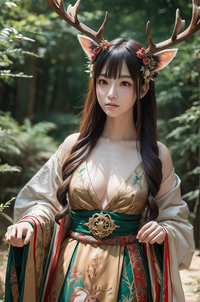 Generate a highly detailed and realistic depiction of the Deer God (Shishigami) from Princess Mononoke. Focus on intricate antlers, a peaceful face, and a lush, enchanted forest setting. The overall mood should be otherworldly and tranquil.