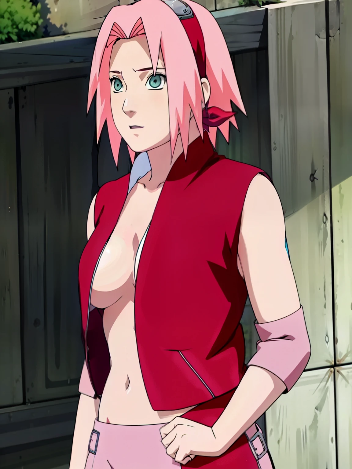 Sakura Haruno open blouse open zipper ripped blouse open shirt ripped shirt showing sexy chest and belly.