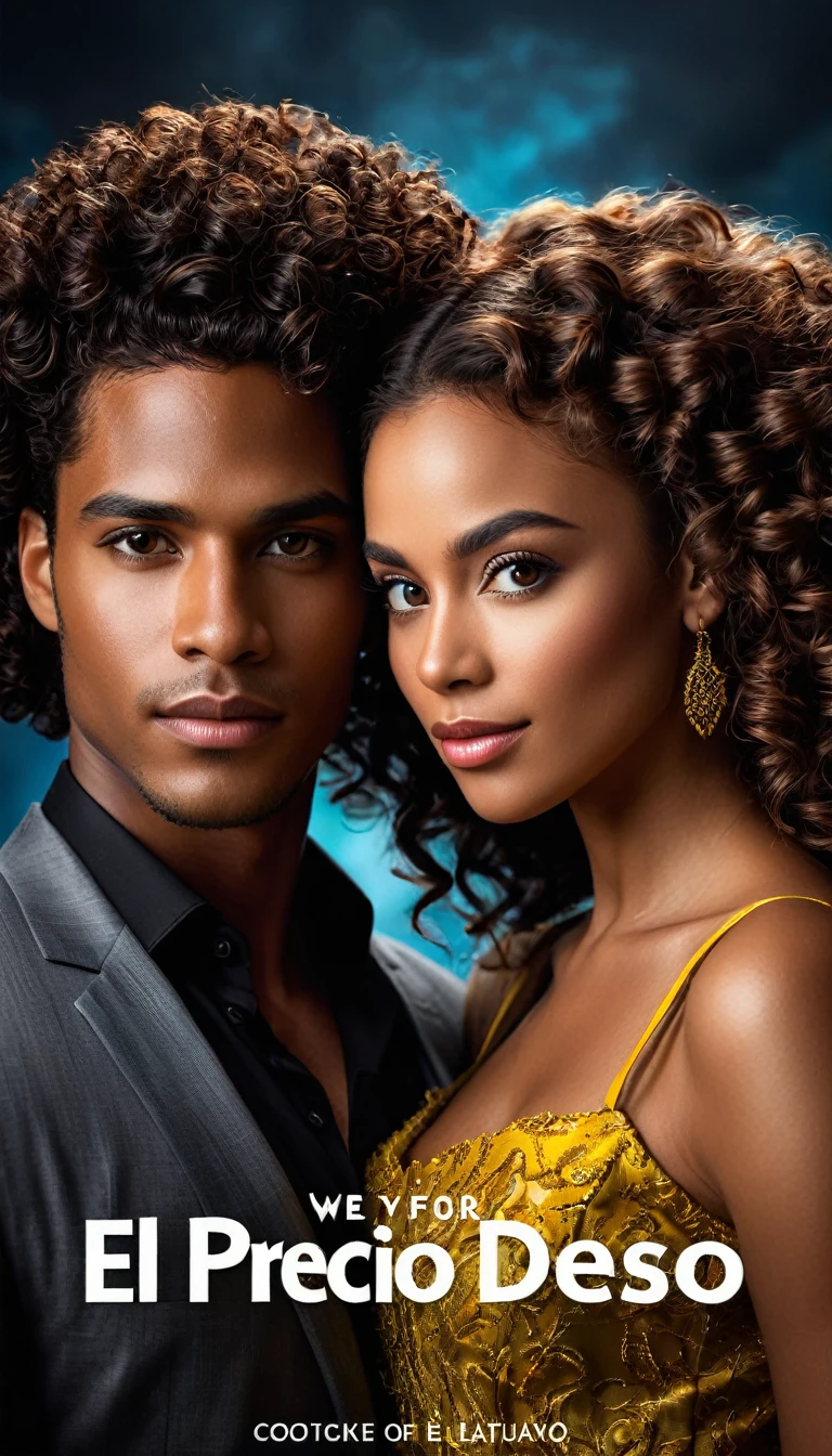 "Create a book cover for 'El Precio del Deseo.' Featuring a handsome young African American man and an elegant Latin woman with dark chocolate skin and beautiful curly hair. The portrait should depict them as a romantic couple, with detailed facial features, captured in cinematic lighting and a dramatic atmosphere. The image should be vibrant and colorful, with a photorealistic quality. Aim for an 8k resolution masterpiece with a subtle warm glow and soft focus on the background. Both characters should have their eyes looking directly at the viewer.