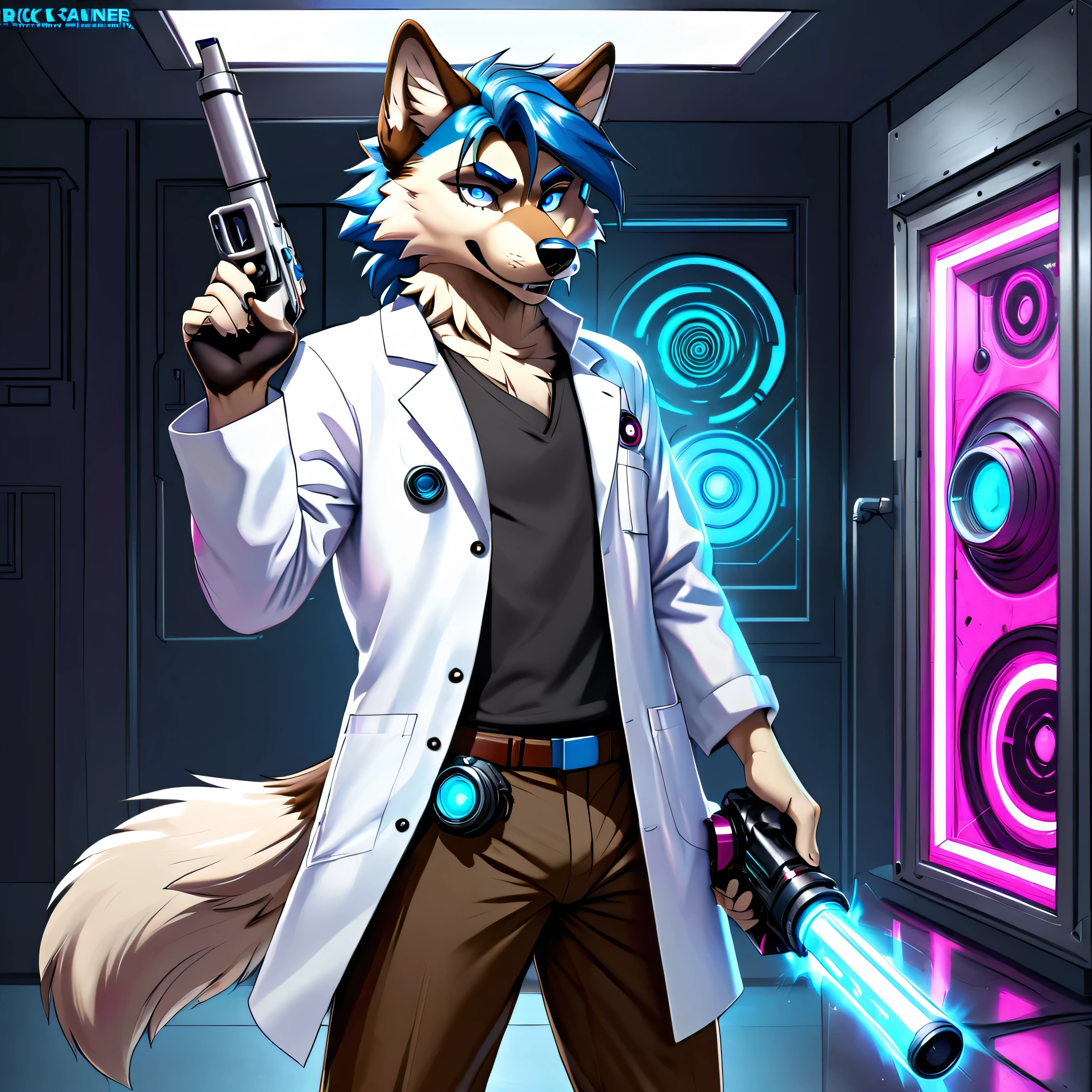 Sexy wolf, Male, furry, blue white, and fuchsia, rick sanchez, black eyes, blue hair, white lab coat, brown pants, holding one of rick sanchez portal gun, (score_9,score_8_up,score_7_up,score_6_up,score_5_up,score_4_up)