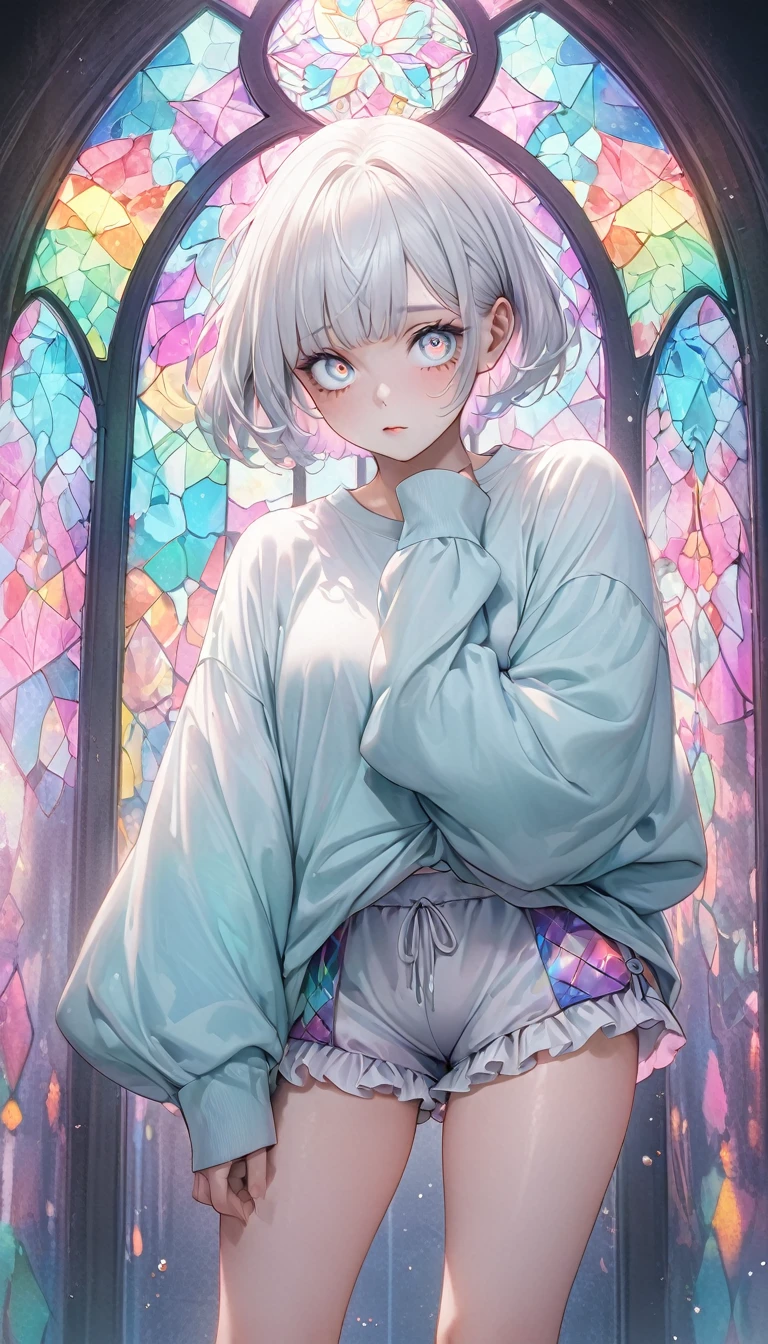 beautiful woman, white pixie cut, (big round eyes, star-shaped pupils), amorous and lewd face, cool and sadistic, looking down with a cold gaze, makeup, great proportion, wearing cute baggy loose shirt, frilly shorts, heavy engineer boots, standing with her legs together in an embarrassing pose, background pastel color palette, large pastel stained glass,shading effects, gradation magic effects, foggy filter effects, glitter effects, cute effects, lovely effects, (ultra detailed, absolutely resolution, best quality:1.3), 2.5D, delicate and dynamic, artistic photography, hyper realistic, graphic CG digital art