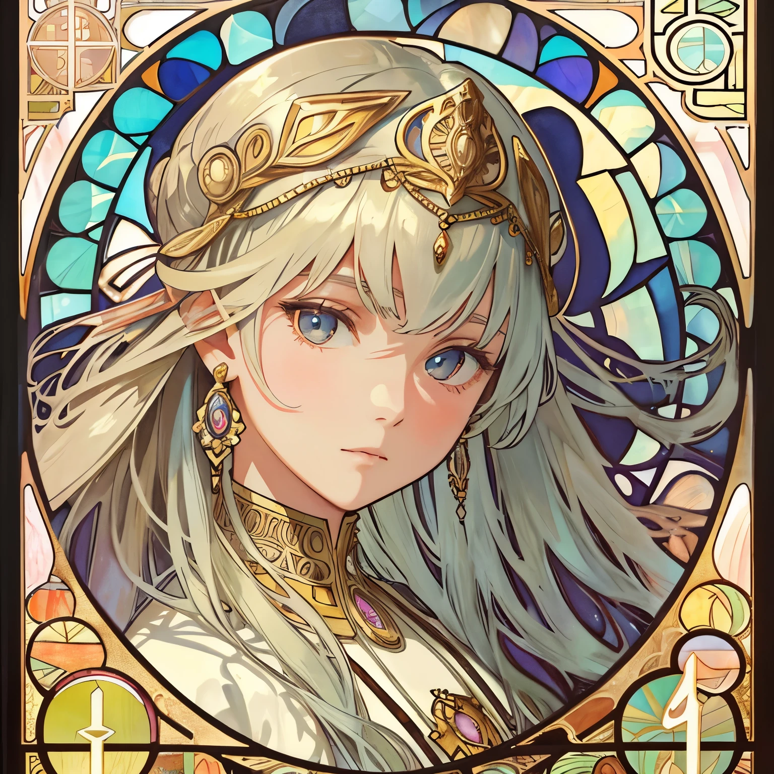 1 girl, (masterpiece, highest quality, highest quality, beautiful and aesthetic: 1.2), (1 girl: 1.3), lots jewelry, delicate clothing, square picture frame, ((face)), sharp pupils, gorgeous tiala, cool face, Transparent and beautiful stained glass background, (Alphonse Mucha's), Traditional Arab dress,Headpiece,Gradient color hairstyle,Front blur, Alphonse Mucha, Ultra-detailed, Soft Light, Gentle colors, solo, Bun Hair, like jusmin dress