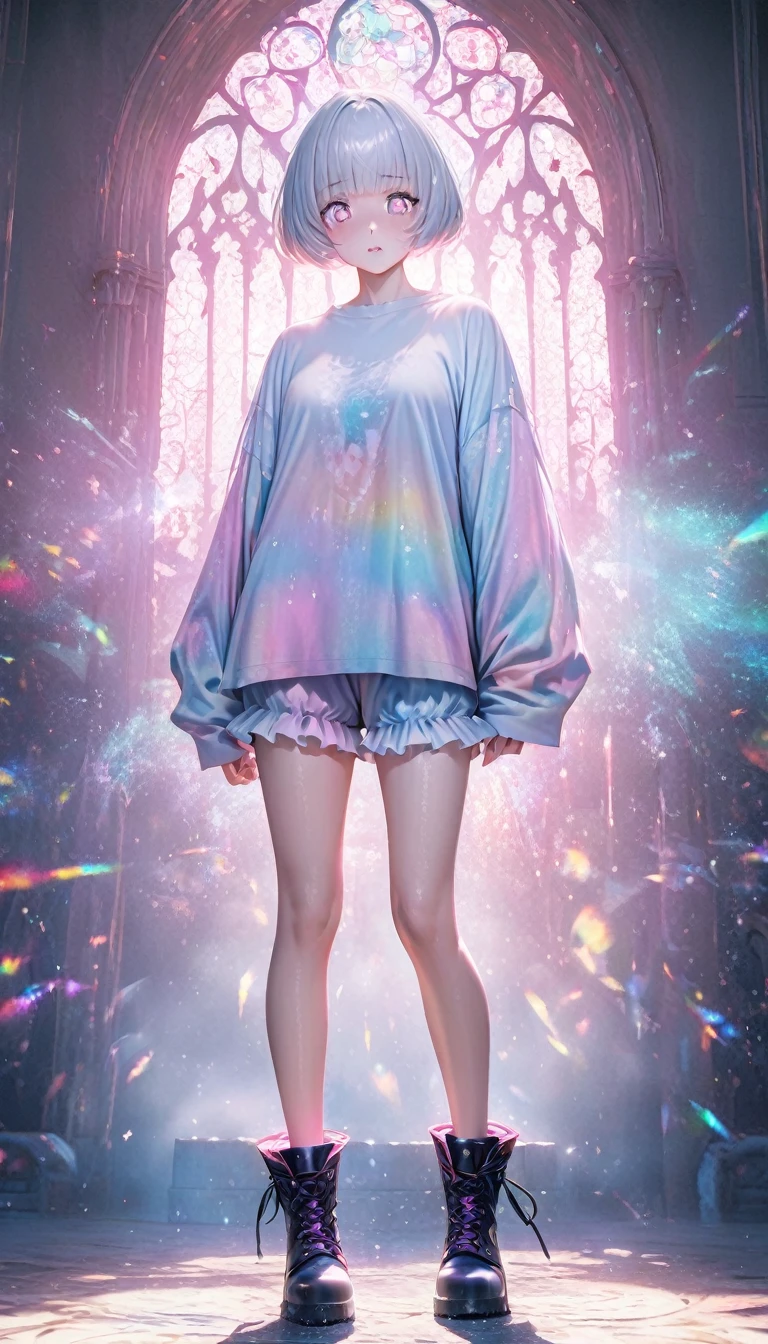 beautiful woman, white pixie cut, (big round eyes, star-shaped pupils), amorous and lewd face, cool and sadistic, looking down with a cold gaze, makeup, great proportion, wearing cute baggy loose shirt, frilly shorts, heavy engineer boots, standing with her legs together in an embarrassing pose, background pastel color palette, large pastel stained glass,shading effects, gradation magic effects, foggy filter effects, glitter effects, cute effects, lovely effects, (ultra detailed, absolutely resolution, best quality:1.3), 2.5D, delicate and dynamic, artistic photography, hyper realistic, graphic CG digital art