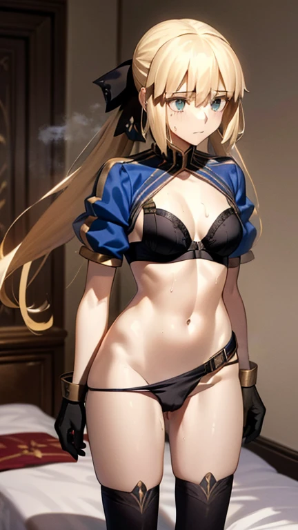 (masterpiece, Highest quality, Super detailed, 8K quality), (Medieval inn, bedroom:1.2), (full body:1.3), (1girl, Altria_caster_fgo, bbcaster, long hair, (bionde, Blonde:1.2), (black bra:1.3), twintails, black gloves, blue belt, black stockings:1.2), (:0.6), (standing:1.2), (sweat, steaming body, undressing, , Change of es:1.4), (looking away:1.4)