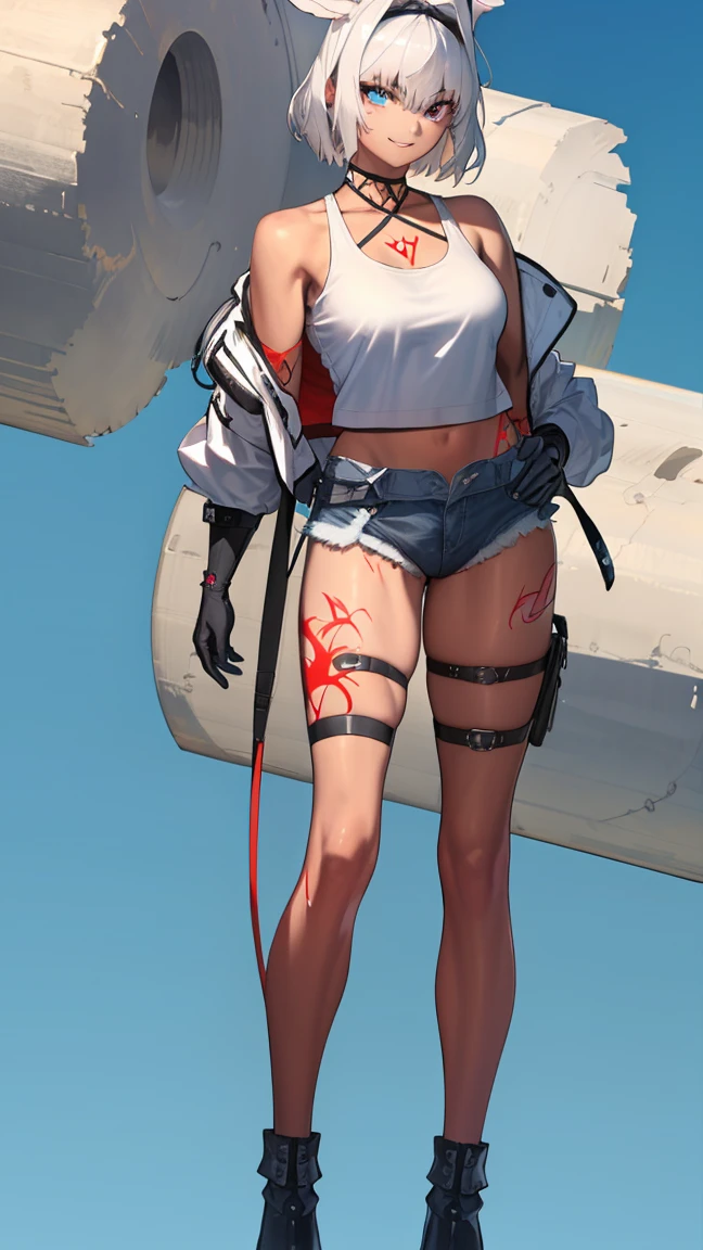 caenis,( fgo stage 3), 1girl, smile, short hair, white hair, bangs, red eyes, animal ears,
BREAK (white tank top with holographic black jacket:1.2)
BREAK from_front,(blue background:1.3),(full body:1.4),arms at sides,
BREAK (masterpiece:1.2), best quality, high resolution, unity 8k wallpaper, (illustration:0.8), (beautiful detailed eyes:1.6), extremely detailed face, perfect lighting, extremely detailed CG, (perfect hands, perfect anatomy),