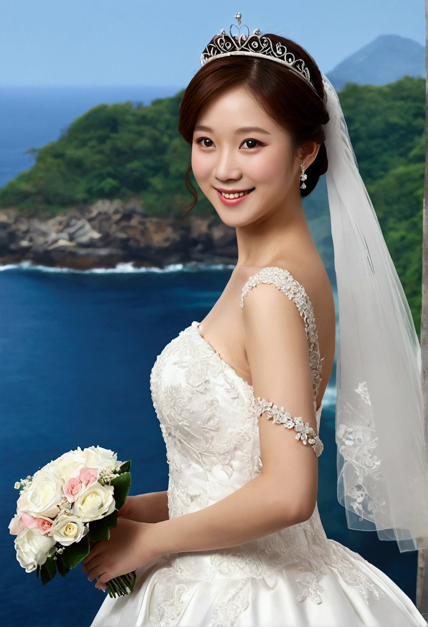 (Highest quality, Tabletop:1.2), (Realistic:1.3), (非常にDetailed Background, Detailed Background), Bokeh,Shooting from the side,  ((Medium chest)), [[valley]],(Princess line wedding dress:1.3),(((One Shoulder:1.3))), Bridal Tiara, Bridal Veil, Bridal Gauntlet,  Upper Body, (Wedding venues near the sea:1.2), smile,