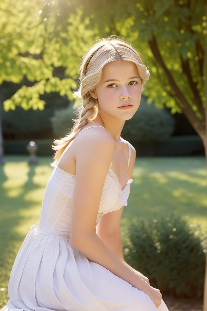 Paris, 1895. A ((((13-year-old)) Felicity Worthington)), intelligent look, in the gardens of a boarding school for ladies. ((((white from the 18th century)))), ((blonde hairstyle from the 10s)) , No bra, bare shoulders, sit posing on garden