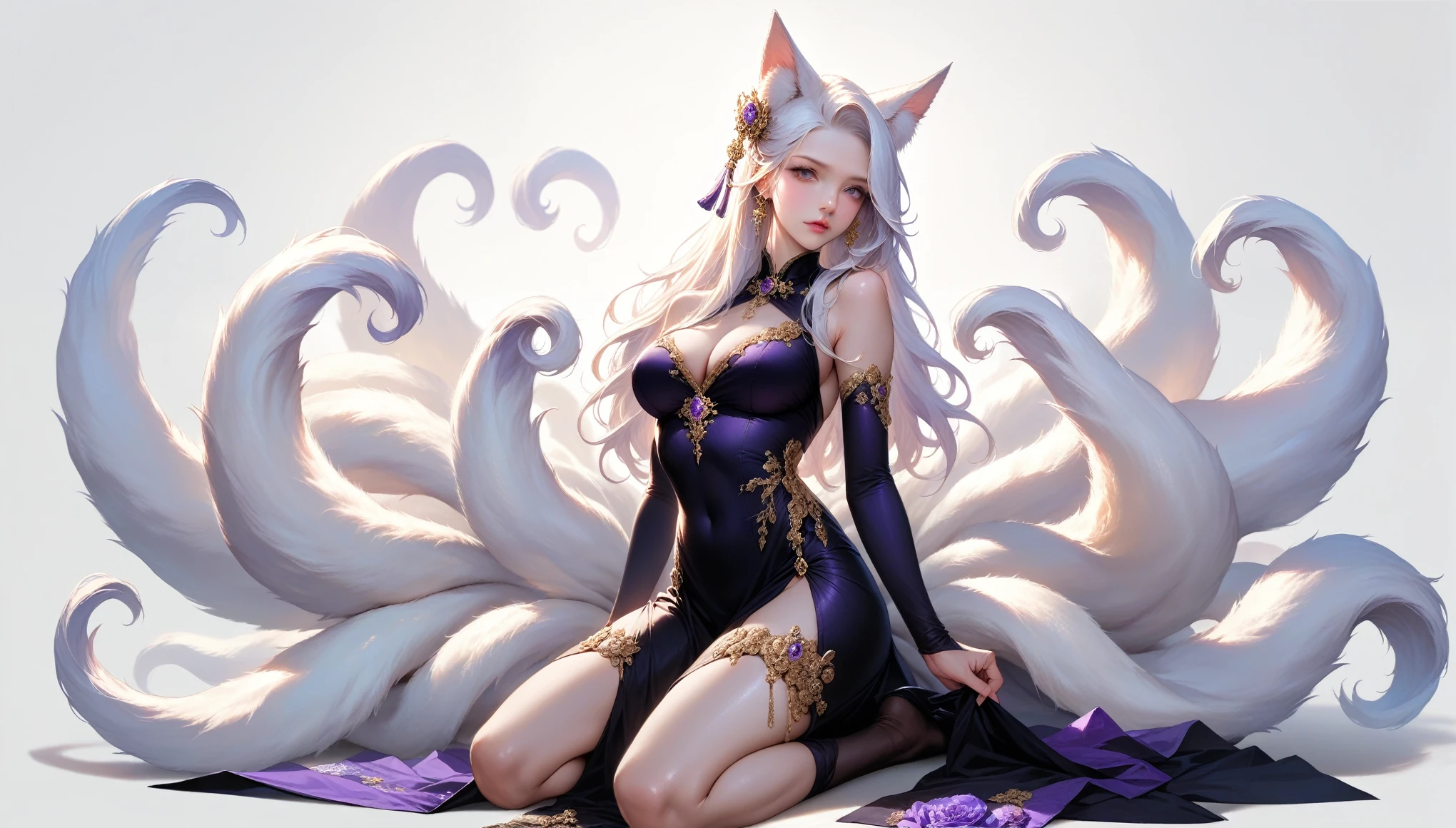 (masterpiece, top quality, best quality, official art, beautiful and aesthetic:1.2),(((Realistic, Photorealistic))). Actual image of a girl kneels gracefully. Silk outfit featuring purple and black tones, embellished with ornate gold patterns. Chinese ancient. Big breast. View to the viewer. Fox ears. (white hair). (((She has 9 tails of purple and white))). Her expression is soft and inviting, enhancing her enchanting presence. Photos have high detail. High quality. Studio Lighting. White Background.