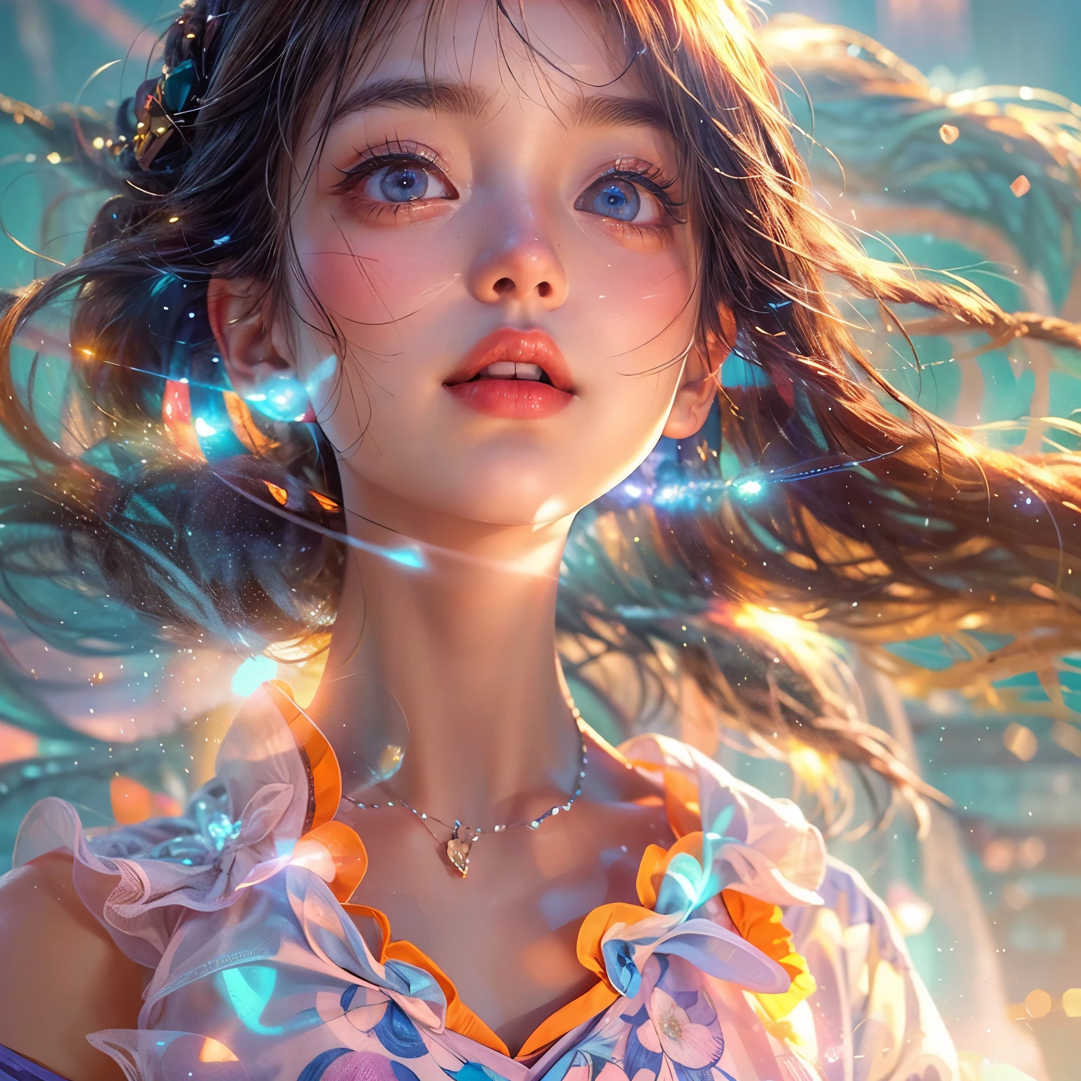 VolumetricLighting (Acutance:0.85), (Masterpiece of 8K UltraDetailed(ProfessionalPhoto:1.37)), Tiny KAWAII Girl Stroll the Sea wearing tube-top dress EveningBeach colorful sky (Orange rays illuminating face, close-up:1.4) (Kissing to Camera), Gust of wind . (((Extremely detailed NOGIZAKA face))), perfect anatomy, Childish, captivating gaze, Reflective Eyes with (sparkling highlights:1.28), long eyelashes、Glossy RED Lips with beautiful details, KissableTongue, RosyCheeks, ((Radiant FineSkin) with clear transparency) . { (Dynamic joyful expressions) | (:d) }, (Light Particle;1.25, God Rays), (no Large eyes).
