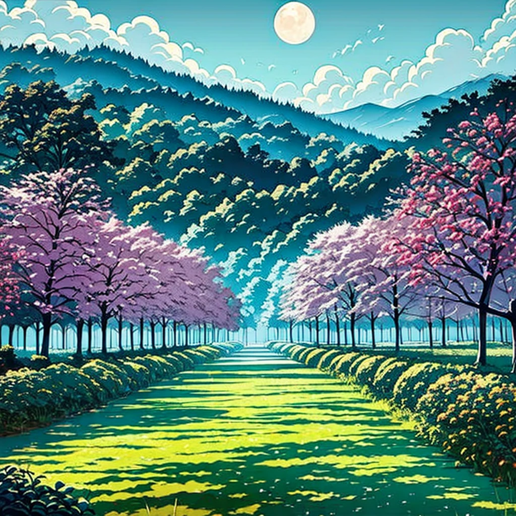 Panorama, masterpiece, Wonderful landscape, High definition, Vision, View from afar, Nostalgic Japan scenery, May, Japanese countryside, I just planted the seedlings, Water-filled rice field, The setting sun is reflected in the rice fields, Children running along the footpath, Lots of flowers, The moon is rising in the foreground