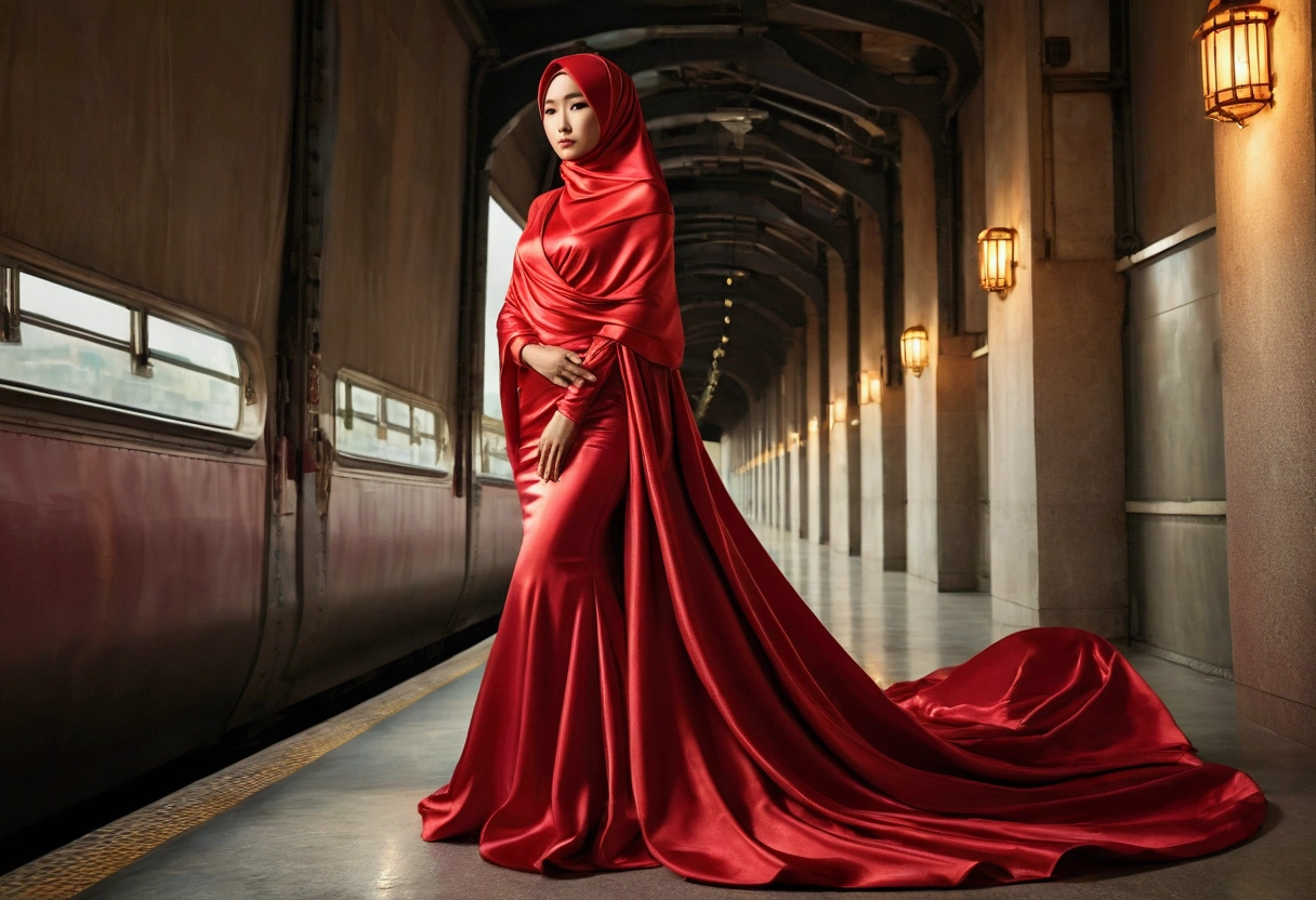 Asian woman wrapped in a red satin cloth mimicking a mermaid gown with a striking large train, the cloth clings tightly to her figure, incorporates a hijab, standing with poise, dramatic lighting, volumetric textures, ultra realistic, golden ratio.