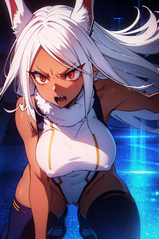 crazy, angry,　screaming, open mouth,　all fours,　Open legs wide, spread legs,　(from above:1.2),　Clench your fist, Dynamic Angle, (looking away:1.4),
Rumi Usagiyama, long hair, animal ears, white hair, rabbit ears, dark-skinned female, muscular, 
rabbit girl, muscular female, (red eyes:1.5), (parted bangs:1.5), (complete anatomy),
High resolution,Sharp focus,(Super detailed,Very detailed),(Very detailed CG unity 8k wallpaper),(((Vibrant colors))),{best illustration},
Complex eyes,Beautiful Eyes,Symmetrical eyes,Big eyes:1.5,Seductive eyes, (((dark skin,dark_skin,lustrous skin:1.5,bright skin: 1.5,
skin tanned, shiny skin,very shiny skin,Shiny body,plastic glitter, skin,exaggerated shiny skin,illuminated skin))),Perfect Fingers,
(Detailed body),(Detailed face)), cute,Lewd,erotic,Bold,Camel Toe,Revealing clothing,show skin,
(Huge hips:1.1),(Huge breasts, Glamour:1.2),

thigh highs, gloves, sleeveless, white gloves, leotard, turtleneck, high leg, high leg leotard, fur collar, sleeveless turtleneck, 
turtleneck leotard, sleeveless turtleneck leotard, crescent print,
A row of collapsed buildings,The End of the World,rubble,Cracked asphalt,weed,There is a morning fog,deserted street,Collapsed overpass,rubbleでできた巨大な山,