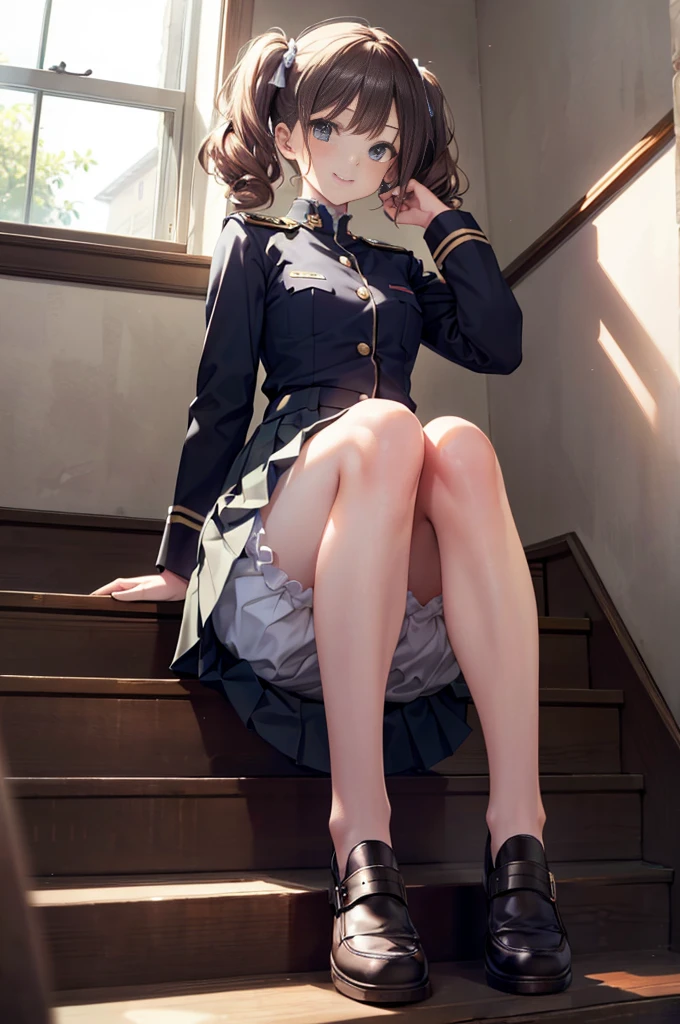 (masterpiece), 4K,woman,long sleeve military uniform,Small breasts,Small Ass,2 feet,Curly Twin Tails,Light bulb lighting,Realistic, skinny, Big smile,((Wear short bloomers under your skirt)),Sitting on the stairs,((Knee-length pleated skirt)),Angle from below the knee