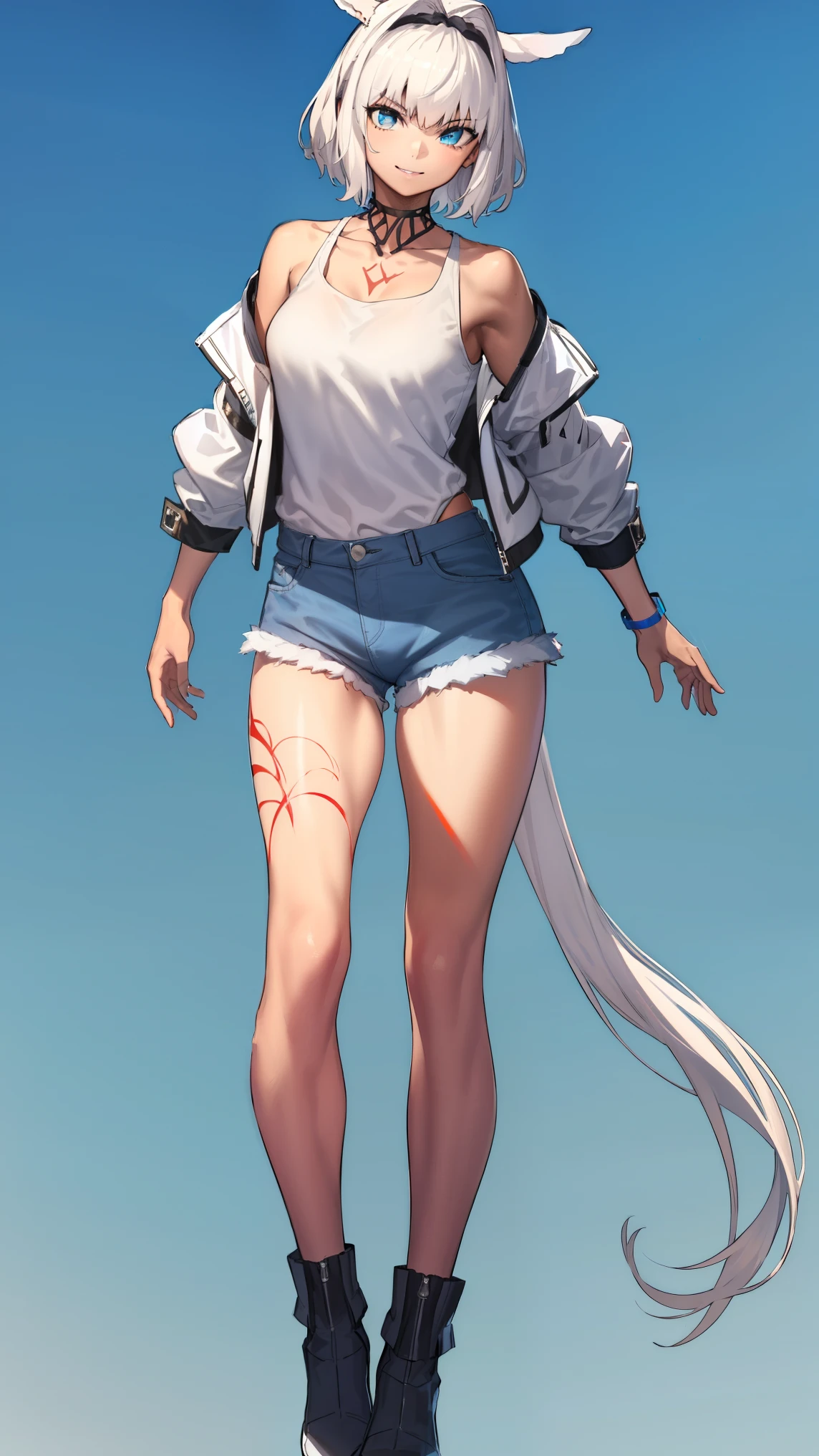 caenis,( fgo stage 3), 1girl, smile, short hair, white hair, bangs, red eyes, animal ears,
BREAK (white tank top with holographic black jacket:1.2)
BREAK from_front,(blue background:1.3),(full body:1.4),arms at sides,
BREAK (masterpiece:1.2), best quality, high resolution, unity 8k wallpaper, (illustration:0.8), (beautiful detailed eyes:1.6), extremely detailed face, perfect lighting, extremely detailed CG, (perfect hands, perfect anatomy),