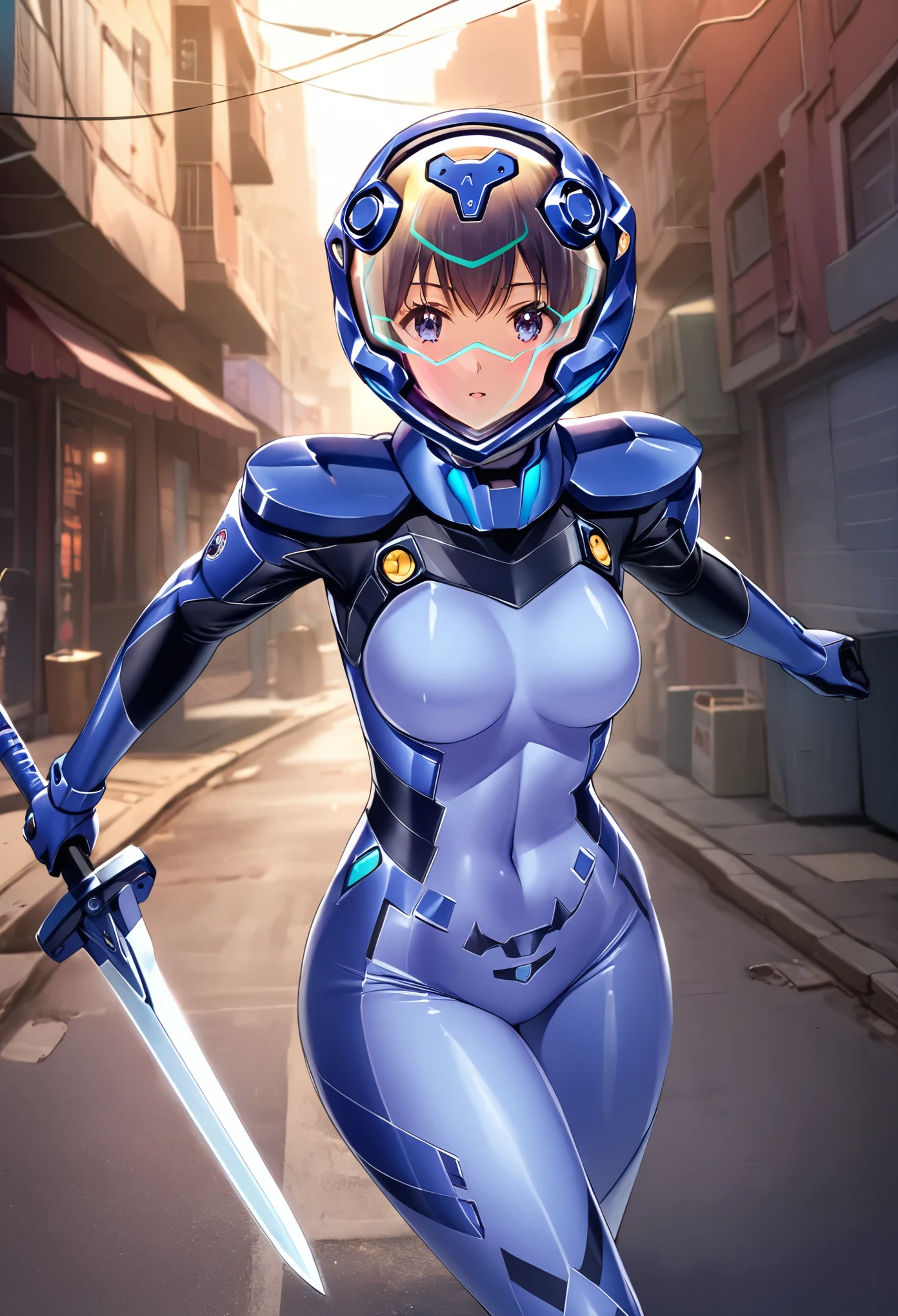 short hair, street, emo, BLACK hair, white eyes, eyeliner, apocalypse, (holding sword), astronaut, fighting stance,  girl,   running, road, city,  fortified suit, ((blue:1.5) plugsuit), short hair, outdoors, cinematic light,  medium breasts, covered navel, space helmet, muvluv, space helm, eva helmet,[[[[