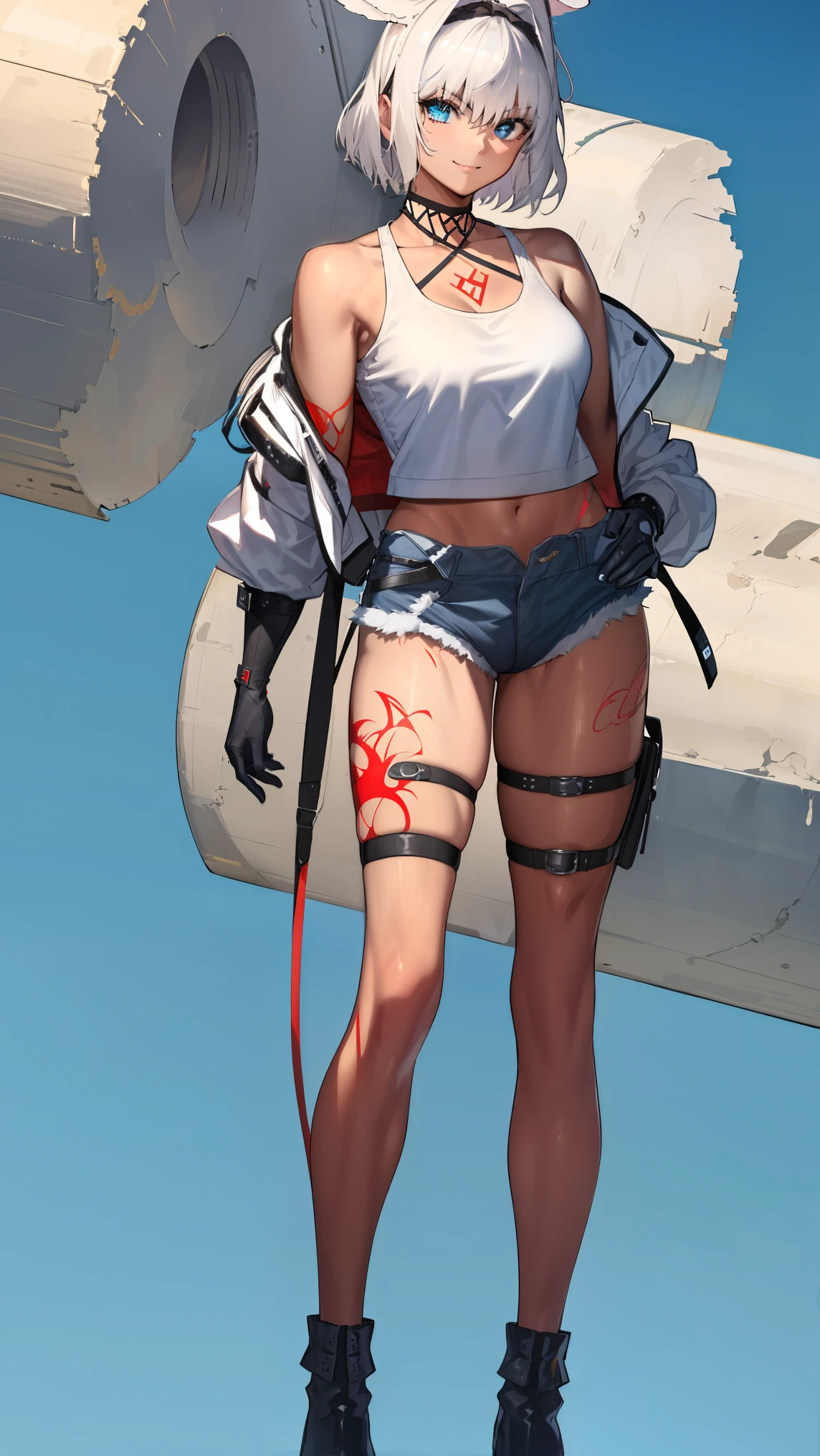 caenis,( fgo stage 3), 1girl, smile, short hair, white hair, bangs, red eyes, animal ears,
BREAK (white tank top with holographic black jacket:1.2)
BREAK from_front,(blue background:1.3),(full body:1.4),arms at sides,
BREAK (masterpiece:1.2), best quality, high resolution, unity 8k wallpaper, (illustration:0.8), (beautiful detailed eyes:1.6), extremely detailed face, perfect lighting, extremely detailed CG, (perfect hands, perfect anatomy),