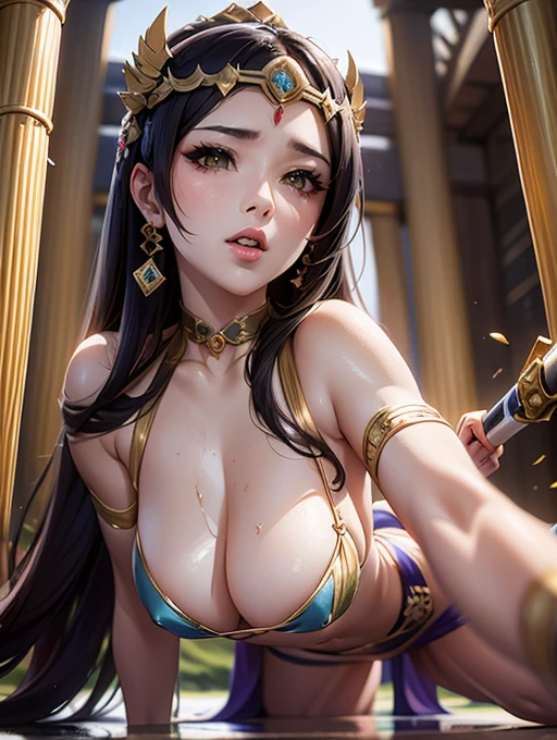 Perfect face, Japanese Goddess, 20-year-old,(((Erotic expressions)))Close-up of a woman in a bikini posing with a sword, Anime Goddess, extremely detailed ArtJam, Enchanting anime girl, Beautiful and attractive anime woman, Japanese Goddess, thick, Beautiful Fantasy Empress, ig model | ArtJam, Irelia from League of Legends, Trending on cgstation, ArtStation Masterpiece, ((Beautiful Fantasy Empress))Pointed nipples,Wet crotch,The genitals are wet,,