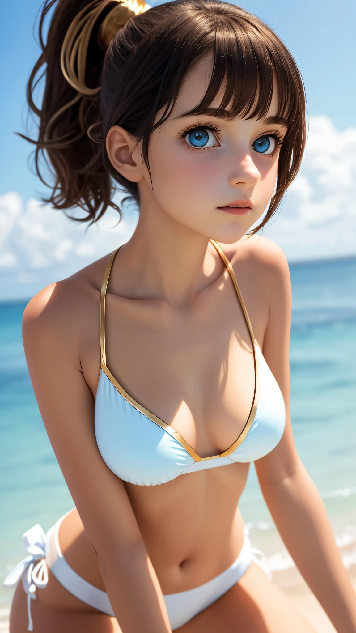 One Girl，(1人のとてもcute女の子:1.3)，masterpiece，Highest quality，High resolution，From below，Low - Angle，Photorealistic，RAW Photos，Ray Tracing，Physically Based Rendering，beautiful girl，(12 years old:1.3)，cute，Round face，Baby Face，Big eyes，(detailed pupils:1.2)，(The face is facing straight ahead:1.3)，Body facing forward，Beautiful nose，Upturned nose，Fuller lips，Short black hair，ponytail，short hair，Detailed eyelashes，Thin eyebrows，Very fine grain definition，(Symmetrical eyes，Golden Ratio:1.3)，(Face Focus:1.0)，Small breasts，Short neck，White Bikini，Swimwear，Ocean，Ocean岸，Blue sky，White cloud，Portrait，View Viewer，Upper Body，Cinema Lighting，High resolution，Very detailed