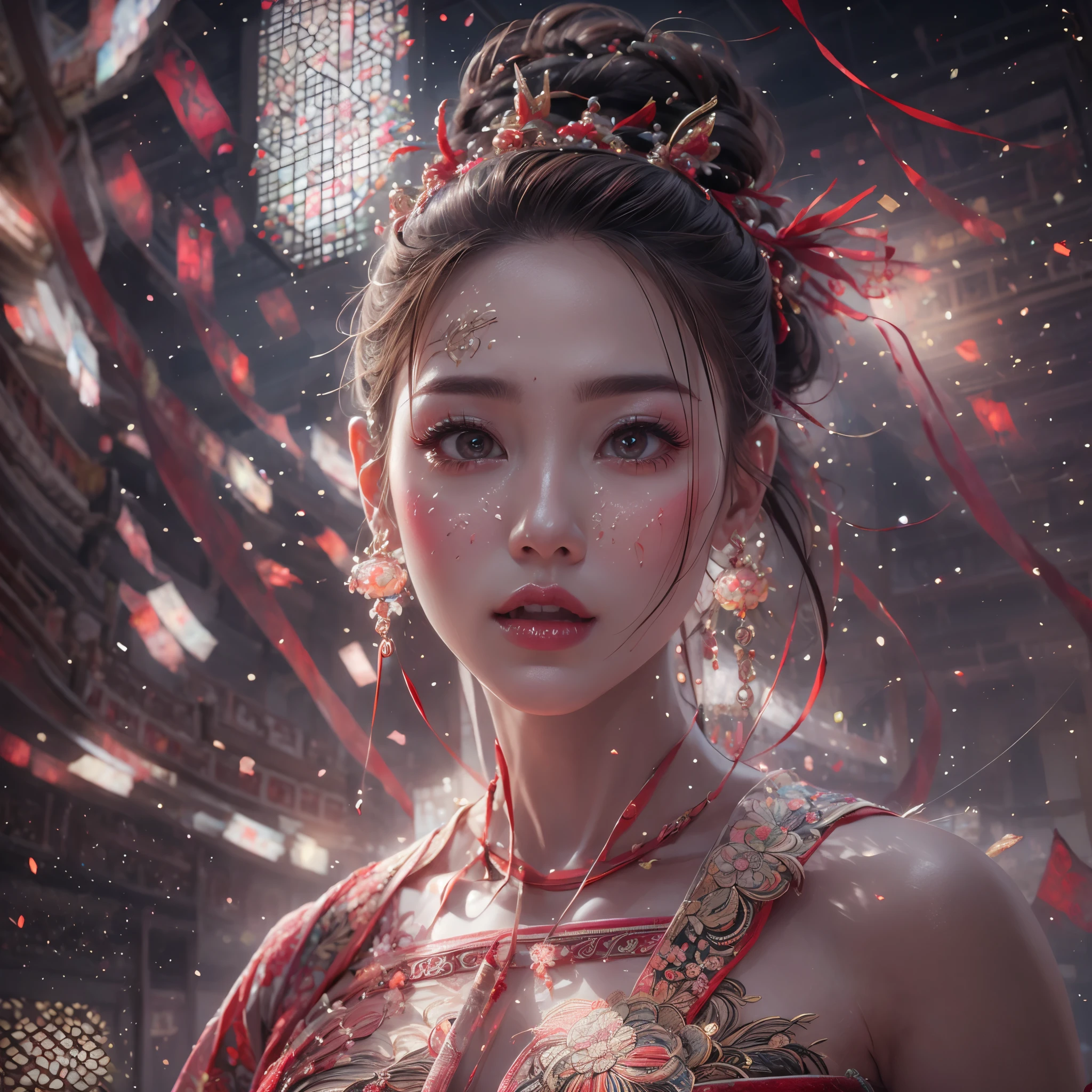 (High-level (UltraDetailed ProfessionalPhoto)), 8K Masterpiece TopQuality, Absurd Detailed Lighting, PerfectLighting, Extremely detailed (BeautyGoddess Standing in a Vertical Dropping Ray), aesthetic LifeLike Rendering, BokeH (oodles Firecrackers Spark and Haze), Unreal flamboyance, see-through upskirt Assfocus RoundlyButts, (Tindall Effect Scattering), { fujian tulou | Traditional Hakka Clothes | perfect ratio | hime cut | luxury | jewelry | ornate | hairpin | Menstruation | (Exposed SFW) },(Elaborate embroidery with Transparency) BREAK (FullBody:1.28). (((Extremely detailed Beautiful Face and Eyes))) Radiant PearlSkin with Transparency, (Dynamic LifeLike expressions:1.4)