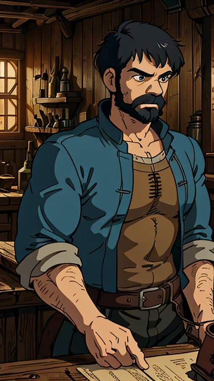 (1man, captain_haddock), (extremely detailed CG unit 8k wallpaper),(master part), (best quality), (ultra detail), (best illustration),(ghibli style), cowboy shot, (Sharp eyeliner, ombre, detail eyes:1), dark tavern interiors background, ,break , (salvagepirateworld), upper body,