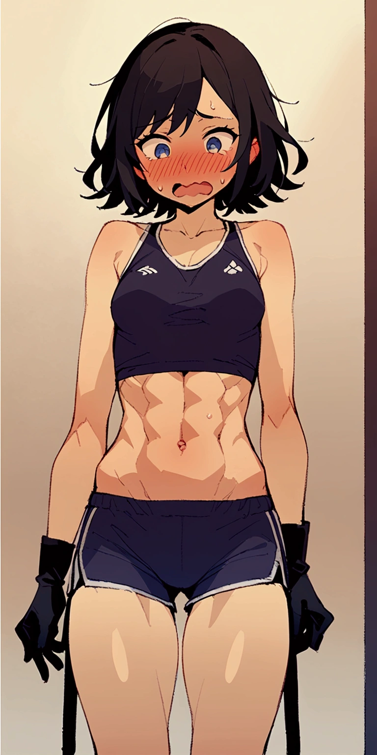 、alone、Shorts、Short top、Sportswear、Toned Abs、belly button、Black Hair、Medium Hair、detailed、Highest quality、masterpiece、blush、Wavy mouth、Feeling embarrassed、Black gloves、cartoon、toned body、Open Mouth