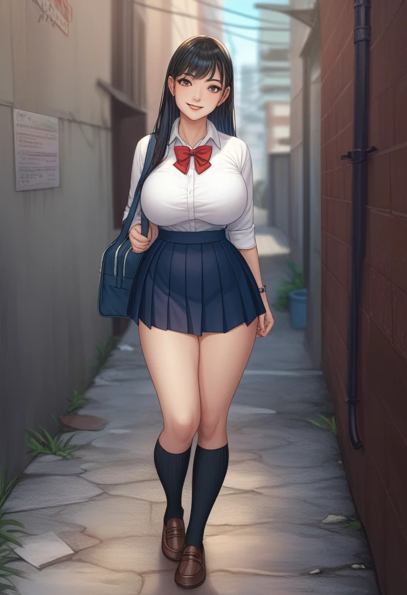 masterpiece, Highest quality, 8k, Young and beautiful girl, Baby Face、Clothed Big Tits、((((((18-year-old)))))),((Large Breasts:1.3)), photo shoot, Cute Face,  Embarrassing、smile、 compensate, 10 generations, Detailed face, Long Hair、Black Hair、Tight waist,((school uniform、White shirt、Checked mini skirt))、(((Black knee-high socks))), ((((Alley)))), ((nsfw)),