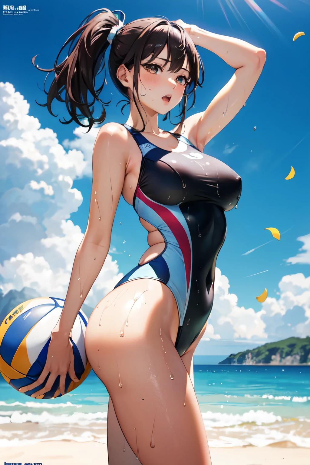 (Sports magazine cover photo), Highest quality, Great quality, 16K, Unbelievably absurd, Very detailed, delicate and dynamic, Natural light, Particles reflect light, Diffuse reflection of light, Many rainbow-colored petals fall, Beautiful sandy beach, Shining Sun, Diffuse reflection of light, Create amazing image effects, , Wet, sweating, Beach Volleyball, receive, close(Cute sexy girl, A large, swaying bust, Sensual expression, Cool girl, Severe, passion, dynamic, Flashy swimsuit, ,audience , much-air-laden cheer)
