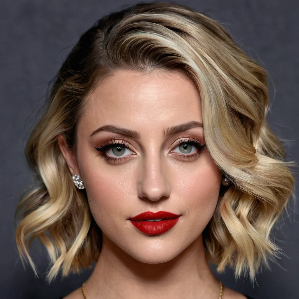 A waist-up portrait of a beautiful female whose face combines features of Lili Reinhart + Aly Michalka. The female has lovely makeup on her face. The female wears red lipstick. Symmetrical eyes. Symmetrical face. Lovely details. Photorealistic. Full-colored photo. Professional photo. Highly detailed 8K.