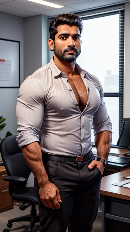 Two 40 years old handsome indian male standing together in one photo, defined big fluffy hairy pecs, conversative politican, brown hair, smooth oily skin, in low cut shirt black pant with huge bulge, standing in office, manspread, in luxury office, full hd, hdr, clear picture, sharpness in picture, masterpiece, 8k 