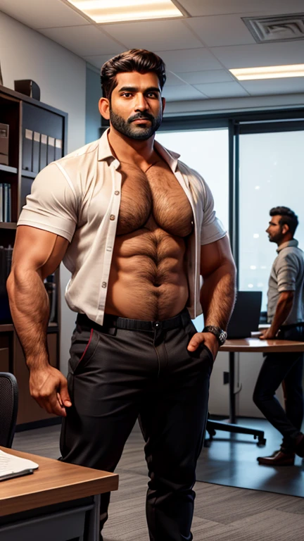 Two 40 years old handsome indian male standing together in one photo, defined big fluffy hairy pecs, conversative politican, brown hair, smooth oily skin, in low cut shirt black pant with huge bulge, standing in office, manspread, in luxury office, full hd, hdr, clear picture, sharpness in picture, masterpiece, 8k