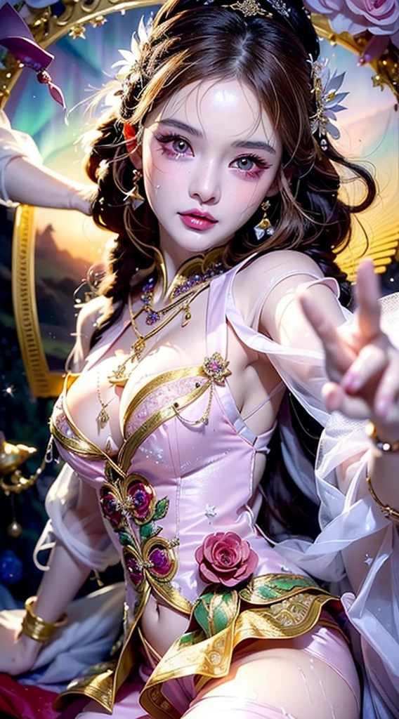 very cute, Blonde Hair, Big smile, red roses, One 20-year-old girl, 1. Goddess Athena, The beautiful, flawless face of the goddess Athena, delicate yellow nightgown, Lots of sexy black lace detailing、Long sheer sequined nightgown, A beautiful pale red silk half veil, Legends of female saints, Icons of female saints, Beautiful goddess-like glitter, Dark and mysterious version, Vermilion lips, Plump red lips, ((口をclose:0.9)), Complete teeth, Symmetrical incisors, Bright white teeth, ((Angry face:0.8)), delicate and beautiful pino detailing, delicate and beautiful lip detail, (Pure and perfect face: 1.9), Female Eucharist, Round Breasts, 大きくてRound Breasts, Phoenix Brooch, Long, flat bangs, Long black hair, Beautiful, clear face and well-proportioned eyes, (Pale pink eyes with transparent irises: 1.8), (Big round eyes and makeup, Sexy wet eye makeup, So beautiful、Careful hair and makeup, long and delicate blonde hair, delicate, Body image: 1.8), shape: Brilliant and, (The stars that make up the sky々: 1.7), (The Gate of Heaven and Imaginary Time and Space: 1.8), Imaginary art, RAW Photos, hanfu pictures, Best Photos, High resolution, 最high quality, Best Photos, Best Goddess Quality, 8k female, Super 8 Single Saint Portrait, The most true color scheme, masterpiece, Best Beauty Brands, Best Hair Jewelry, Brand real photo, Dark studio, Border Light, Two-tone lighting, (Rosy white skin: 1.4), (High skin detail: 1.1), 8k uhd, SLR, Soft Light, 8k, high quality, Frank, Smooth and sharp volume, 10x more pixels, Sexy Goddess, Sexy Goddess, (Background Space: 1.8), (The most beautiful aurora eye: 1.7), Beautiful Eyes, The aurora is beautiful and flower-like, (Beautiful single women: 1.8), (see here:0.8), close, Approaching the Goddess, Clear and unrealistic