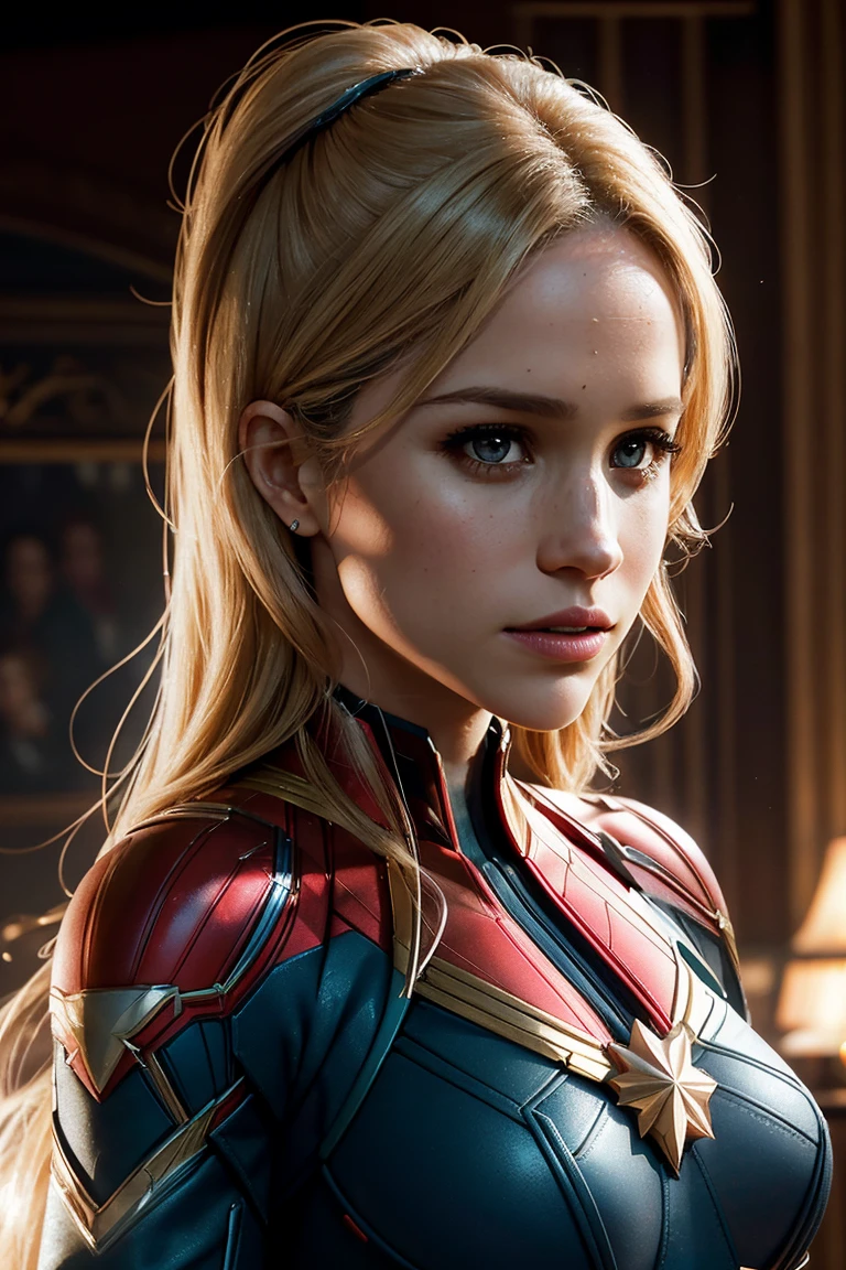 Meghan Markle, wearing Captain Marvel costume sexy clothes transparent. professionally retouched, soft lighting, realistic, smooth face, perfect eyes, sharp focus on eyes, 8 k, high definition, insanely detailed, intricate, elegant. in a natural background.