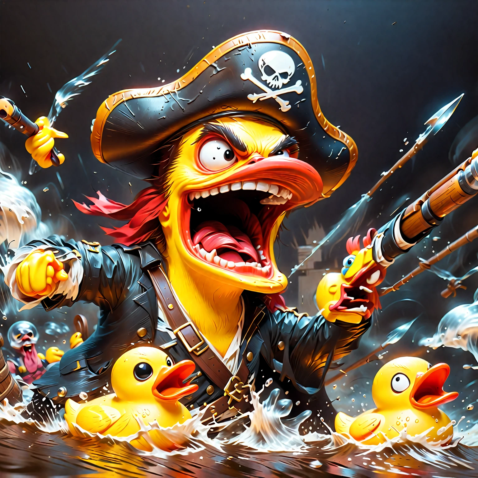 pirate war (rubber duck war) absurdist, wacky cartoon, zany, rubberduck pirates, bellowing, maximal intensity, screaming, mid battle, moment of impact, angry, fury, silly, hilarious, postmeme, point of contact, action shot, cinematic, 2d flat illustration, expressive sketch style, cinematic, 