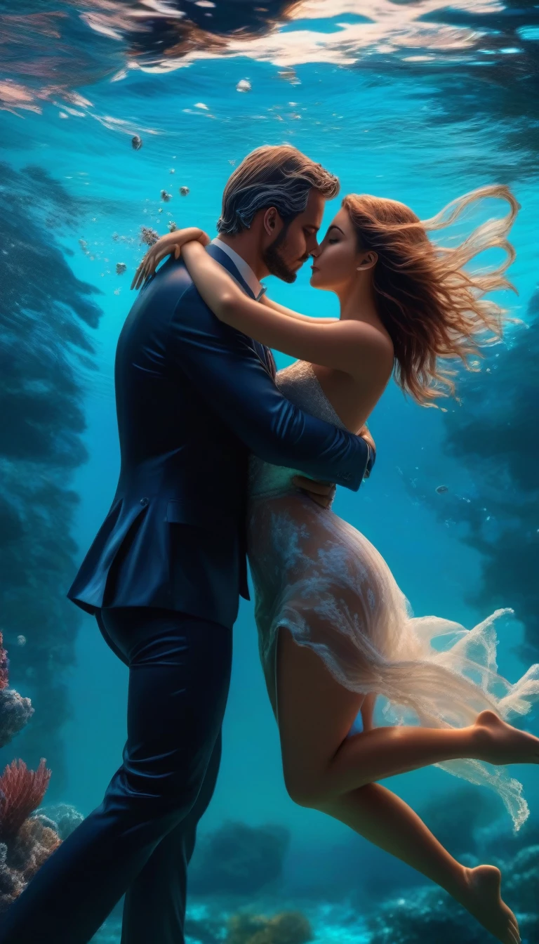 Photo sous-marine, Un couple qui s'embrassent sous l'eau, masterpiece, best quality, amazing quality, very aesthetic, sublime, depth of ﬁeld, Low angle, 8k, score_9, score_8, score_7, score_6,fille sexy