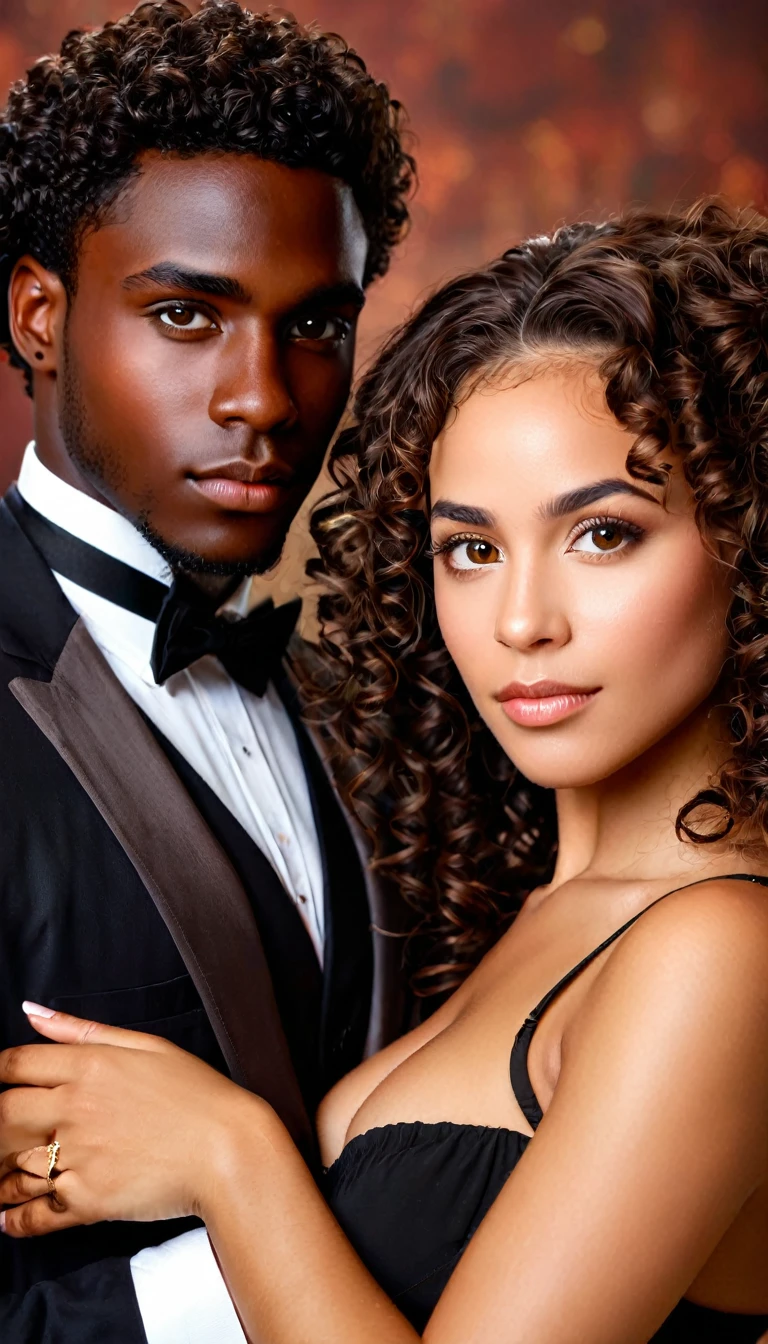 "Create a book cover for 'El Precio del Deseo.' Featuring a handsome young African American man and an elegant Latin woman with dark chocolate skin and beautiful curly hair. The portrait should depict them as a romantic couple, with detailed facial features, captured in cinematic lighting and a dramatic atmosphere. The image should be vibrant and colorful, with a photorealistic quality. Aim for an 8k resolution masterpiece with a subtle warm glow and soft focus on the background. Both characters should have their eyes looking directly at the viewer.