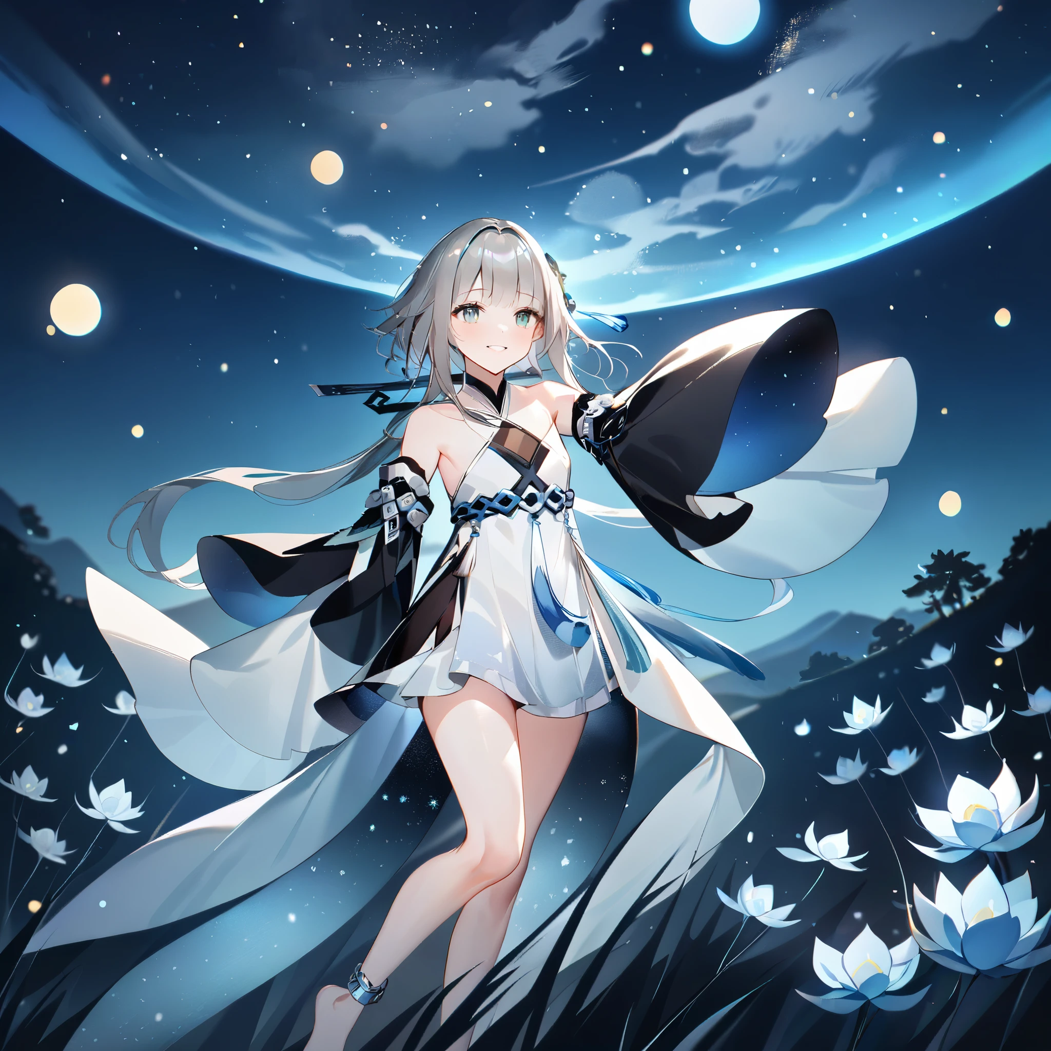score_9, score_8_up, score_7_up, score_6_up,1girl, guizhong_\(genshin_impact\),(grey hair),short_hair_with_long_locks in front and low ponytail in back,gradient_hair,(pale grey eyes with seafoam gradient),starry_sky_print,detached_sleeves white outside blue starry inside, hands completely hidden by long sleeves,stunning field of softly glowing cerulean and white glaze lilies,night scene,gentle smile,face focus, eye focus,ladyshadow,moonlight,glossy lips,vivid anime coloring,cel shading,smooth, soft dreamy focus,anklet,halter_top,white clothes,highly detailed,digital painting,bare_shoulders,barefoot,cool night tones, magical night scene,bokeh, professional,anemo colored fireflies,nebula of stardust and silvery vapor,harmonious blend of nature and art,transcendent beauty,awe-inspiring artwork,(best quality,4k,8k,highres,masterpiece:1.2),yunamaro,carnelian,dsmile,cosmic stardust,guizhong, guizhong's def clothes, 1girl, long hair, blue eyes, barefoot, guizhong's dress, hair ornament, chinese clothes, sleeves past fingers,