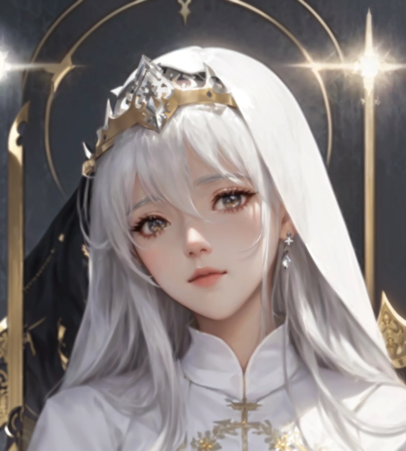 Close-up of woman wearing crown, White hair deity, Portrait of the Knights of the Zodiac, Gu Weiss, From Ark of Tomorrow, From Girl Front, Anime Goddess, White hair, npc with a saint's halo, White hair, Sakimi Chen, The Goddess of Sorrow, ((Beautiful fantasy queen)), Portrait of the Queen of Light