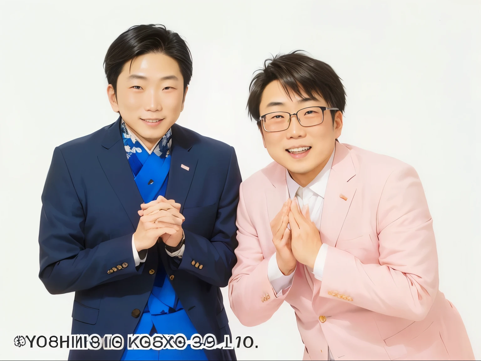 Two Asian men in suits and ties posing for a photo, Katsuhiro and Inio Asano, Jiro Matsumoto and Yusuke Murata, Tsuyoshi Miyamoto, Shinji Higuchi and Tomoki Kyoda, Goro Fujita and Jones, Yoseharu Agotoge, Kaigetsudo Ando, Satoru Gojo