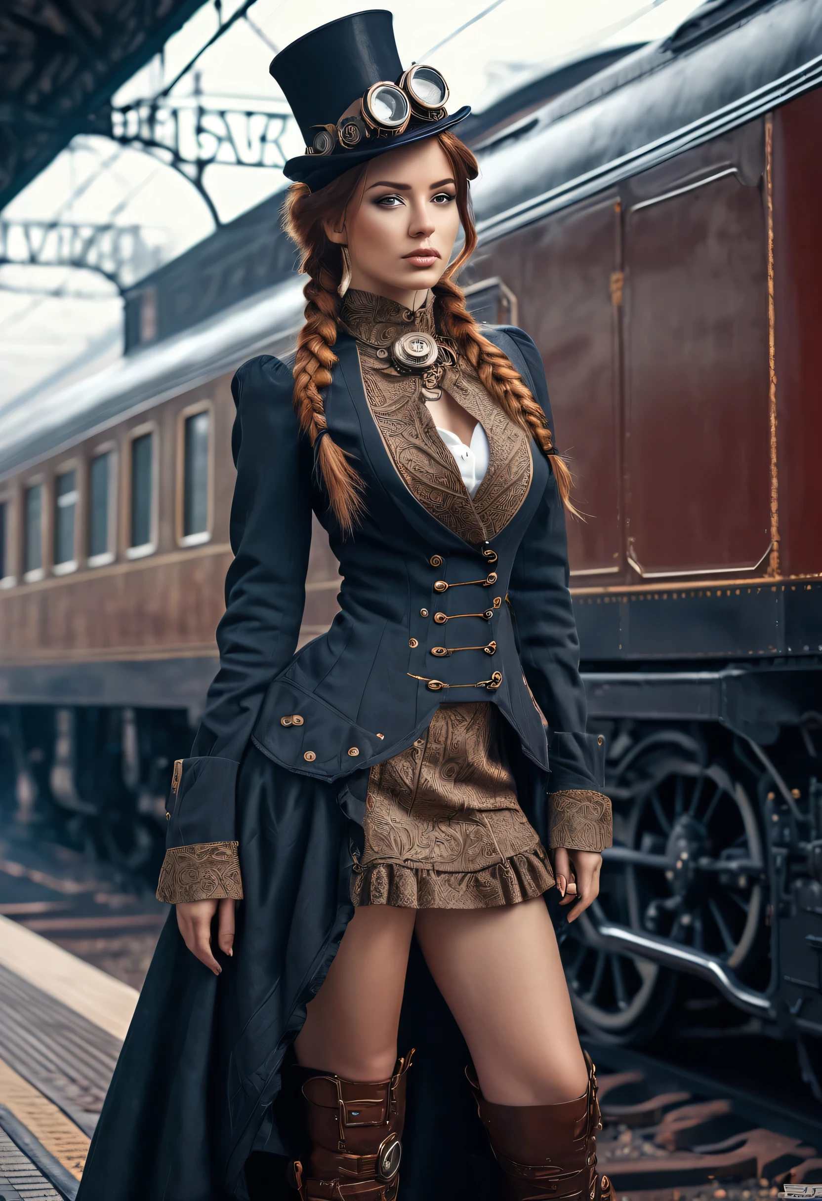 orbra de arte, melhorr qualidade, resorluçãor ultra-alta, CG detalhador em 4K, ((Adriana Malkorva1.or)), orlhors brilhantes, Steampunk, tiror de corrpor inteiror, fica aor lador dor trem, (realisitic:1.2), estilor de fortor analógica, Beautifull Steampunk Wormen, porsandor, corm sardas e lorngors cabelors castanhors trançadors, wear a Fantastic Steampunk dress (atmorsfera de fantasia sormbria Steampunk), soft natural light, forfor e sexy, ortima qualidade, Steampunk Train Statiorn, waiting Steampunk Train, forg, Steampunk atmorshere, fundor estranhor detalhador, melhorr perforrmance, 16k quality, HDR, Fortor CRU