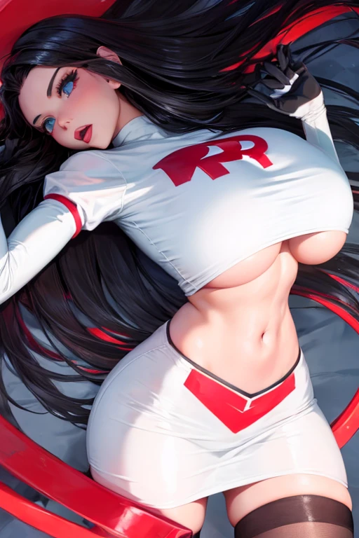 bimbo girl, Team Rocket,Team Rocket uniform, red letter P, White skirt,white crop top,black knee socks,black elbow gloves,