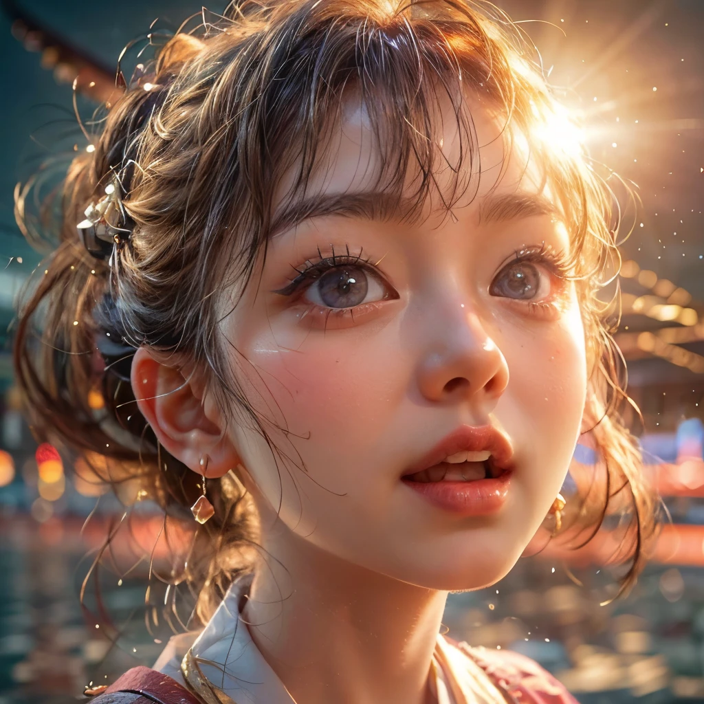 VolumetricLighting (Acutance:0.85), (Masterpiece of 8K UltraDetailed(ProfessionalPhoto:1.37)), Tiny KAWAII Girl Stroll the Sea wearing tube-top dress EveningBeach colorful sky (Golden rays illuminating face, close-up:1.4) (Kissing to Camera), Gust of wind . (((Extremely detailed NOGIZAKA face))), perfect anatomy, ish, captivating gaze, Reflective Eyes with (sparkling highlights:1.28), long eyelashes、Glossy RED Lips with beautiful details, KissableTongue, RosyCheeks, ((Radiant FineSkin) with clear transparency) . { (Dynamic joyful expressions) | (:d) }, (Light Particle;1.25, God Rays), (no Large eyes).