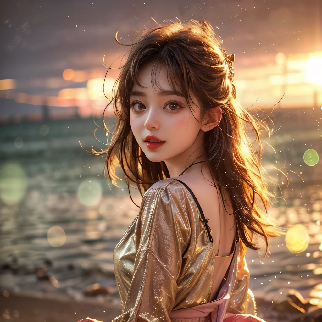 VolumetricLighting (Acutance:0.85), (Masterpiece of 8K UltraDetailed(ProfessionalPhoto:1.37)), Tiny KAWAII Girl Stroll the Sea wearing tube-top dress EveningBeach colorful sky (Golden rays illuminating face, close-up:1.4) (Kissing to Camera), Gust of wind . (((Extremely detailed NOGIZAKA face))), perfect anatomy, Childish, captivating gaze, Reflective Eyes with (sparkling highlights:1.28), long eyelashes、Glossy RED Lips with beautiful details, KissableTongue, RosyCheeks, ((Radiant FineSkin) with clear transparency) . { (Dynamic joyful expressions) | (:d) }, (Light Particle;1.25, God Rays), (no Large eyes).