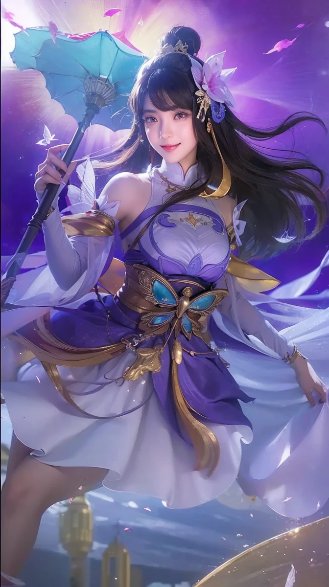 ((best quality)), ((masterpiece)), (detailed), perfect face, highres, indonesian woman,angel cosplayer wearing hijab, looking at the camera with a sweet smile, perfection, dynamic, red black, smooth, sharp focus, illustration, art, detailed face, 4k, sky palace background, eyes brown