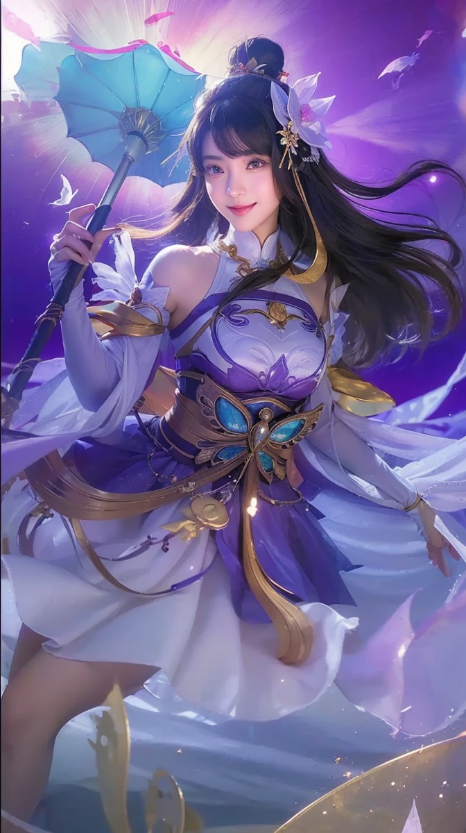 ((best quality)), ((masterpiece)), (detailed), perfect face, highres, indonesian woman,angel cosplayer wearing hijab, looking at the camera with a sweet smile, perfection, dynamic, red black, smooth, sharp focus, illustration, art, detailed face, 4k, sky palace background, eyes brown