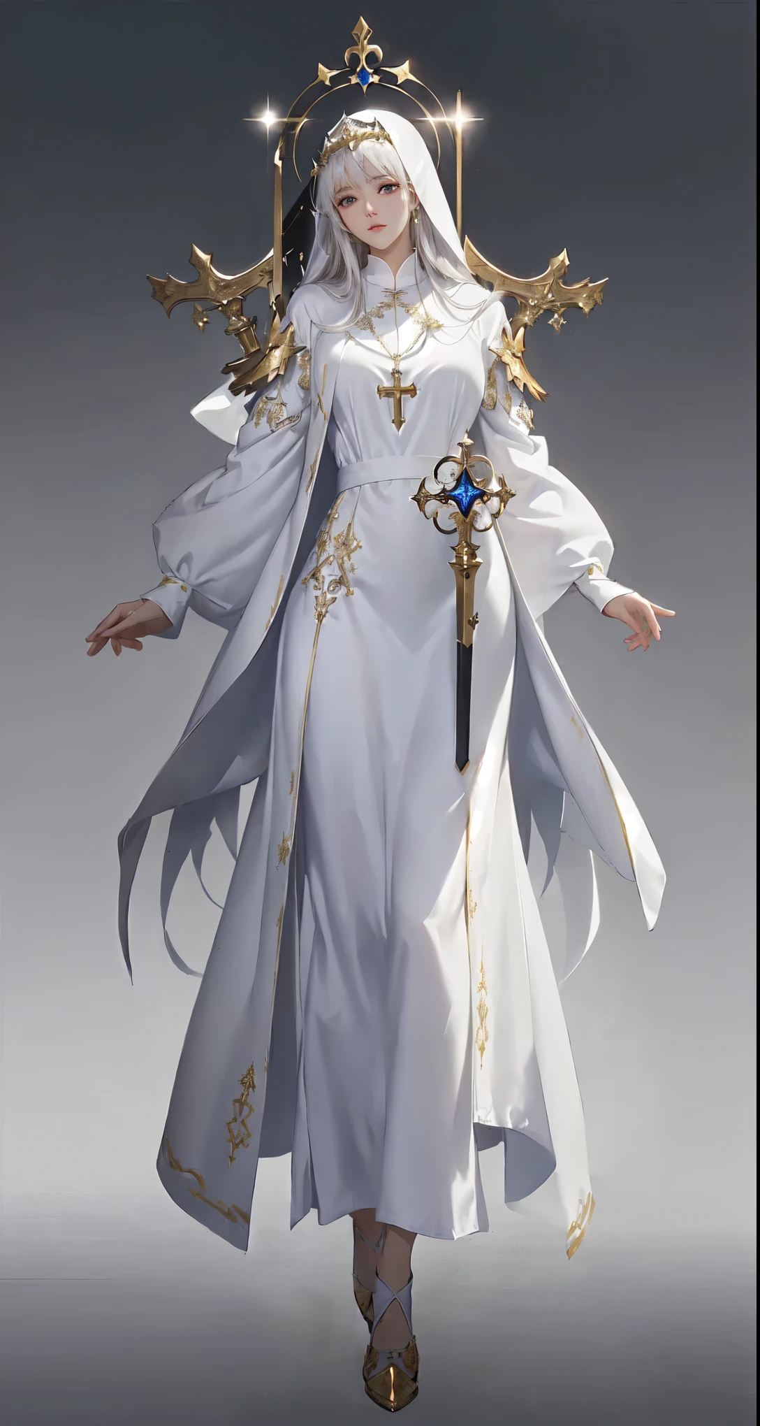 Wearing a white dress、Wearing a crown、Woman holding a sword, dressed like a Priest, pretty female Priest, female Priest, White and gold priestess robes, Beautiful full body concept art, Priest, flowing white robe, Gold and white robe, Kushat Krenz Key Art Women, Stunning character art, Epic and beautiful character art, Stunning 8k character concept art