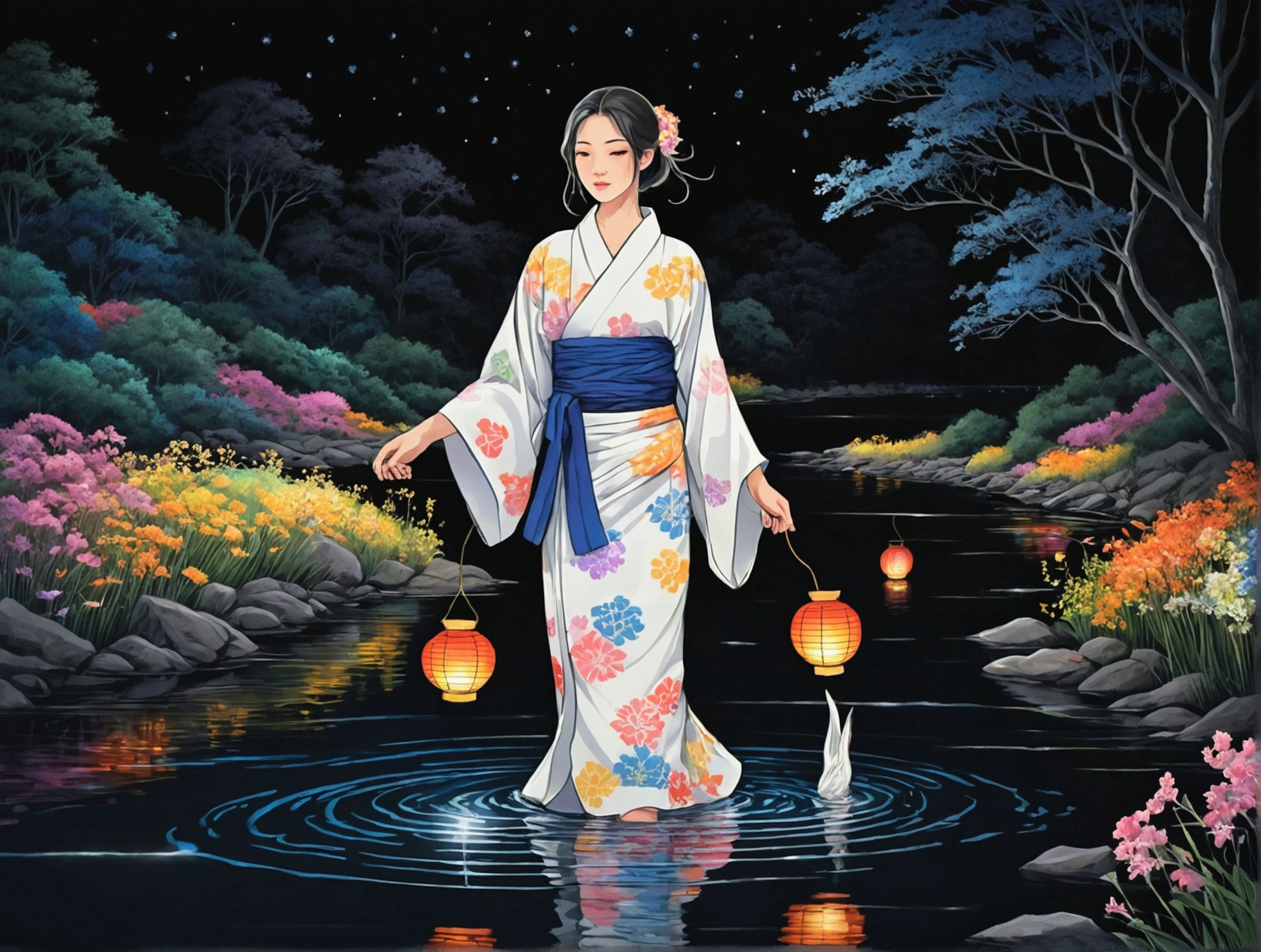 Spirit floating in pale shape, Woman in yukata with colorful flowers walking along the river. Her beautiful face and brightly colored glowing eyes. Dark night river、Illuminated fantastically by the floating light of the spirits. Woman walking with hand lanterns illuminating her feet. Along the river at night with wildflowers blooming. Detailed drawing. Vivid colors. High image quality. --S 1000 --AR 4:5 - Rainbow 5