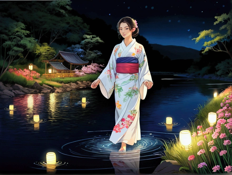 Spirit floating in pale shape, Woman in yukata with colorful flowers walking along the river. Her beautiful face and brightly colored glowing eyes. Dark night river、Illuminated fantastically by the floating light of the spirits. Woman walking with hand lanterns illuminating her feet. Along the river at night with wildflowers blooming. Detailed drawing. Vivid colors. High image quality. --S 1000 --AR 4:5 - Rainbow 5
