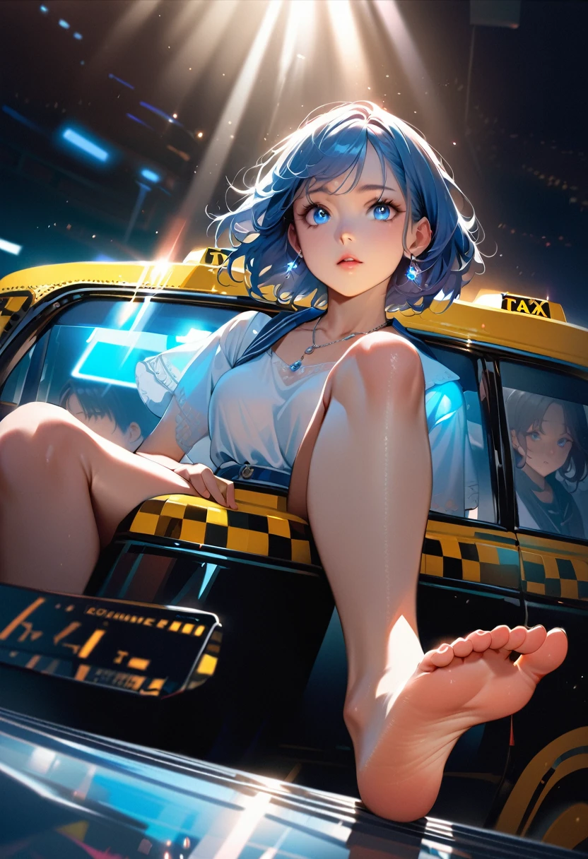 masterpiece, Highest quality, (((Riding in a taxi)))、(((Beautiful feet playing)))、Raising awareness, Sax Blue, プラチナEarrings, Platinum Necklace, White Dress, One Girl, cute, (Dynamic Lighting:1.2), Cinema Lighting, Delicate facial features, Detailed eyes, Sharp pupils, Realistic student, Written boundary depth, ボケ Written boundary depth, Sharp focus, (Very detailed, bloom, Shine:1.4), Lots of little gems, (((short_hair))),　Toru Asakura、黒hairs、Earrings、gradation hair、multi color hair、分けた前hair、blue hair、Upper Body、Ultra close-up footage、She is wearing a see-through sailor top.、The white fabric is accented with a navy blue sailor collar and red ribbon...。The top is transparent up to the chest.、See-through design。ボトムスは非常にshortネイビーブルーのプリーツスカートで、Fits snugly around the waist。The background is simple white.、this、The text becomes more visible.。The light source is a soft light from the front...、The overall atmosphere is bright and clean...。